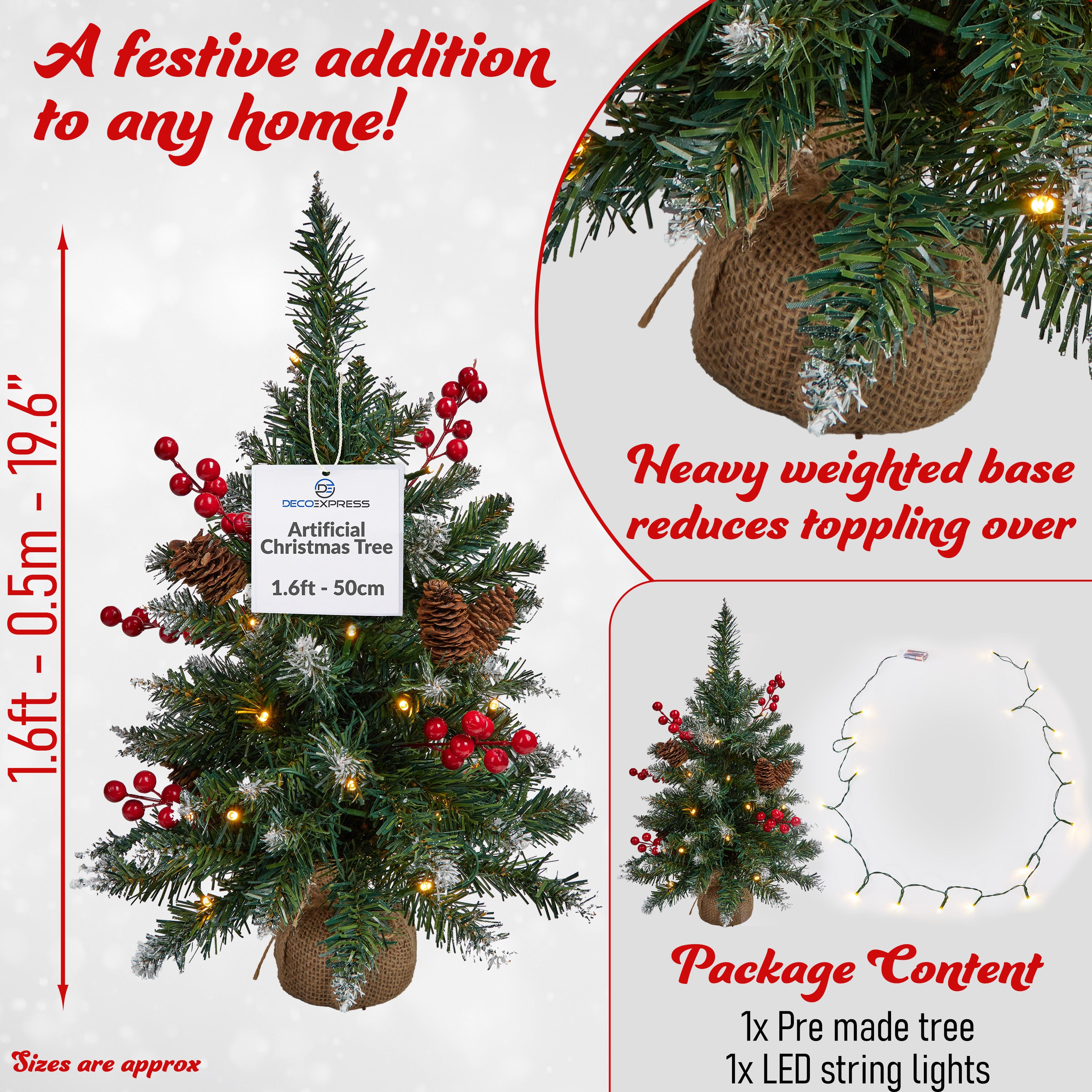 DECO EXPRESS Artificial Christmas Tree,with Metal Stand - Desk Ornaments - (0.5 M) - Get Trend