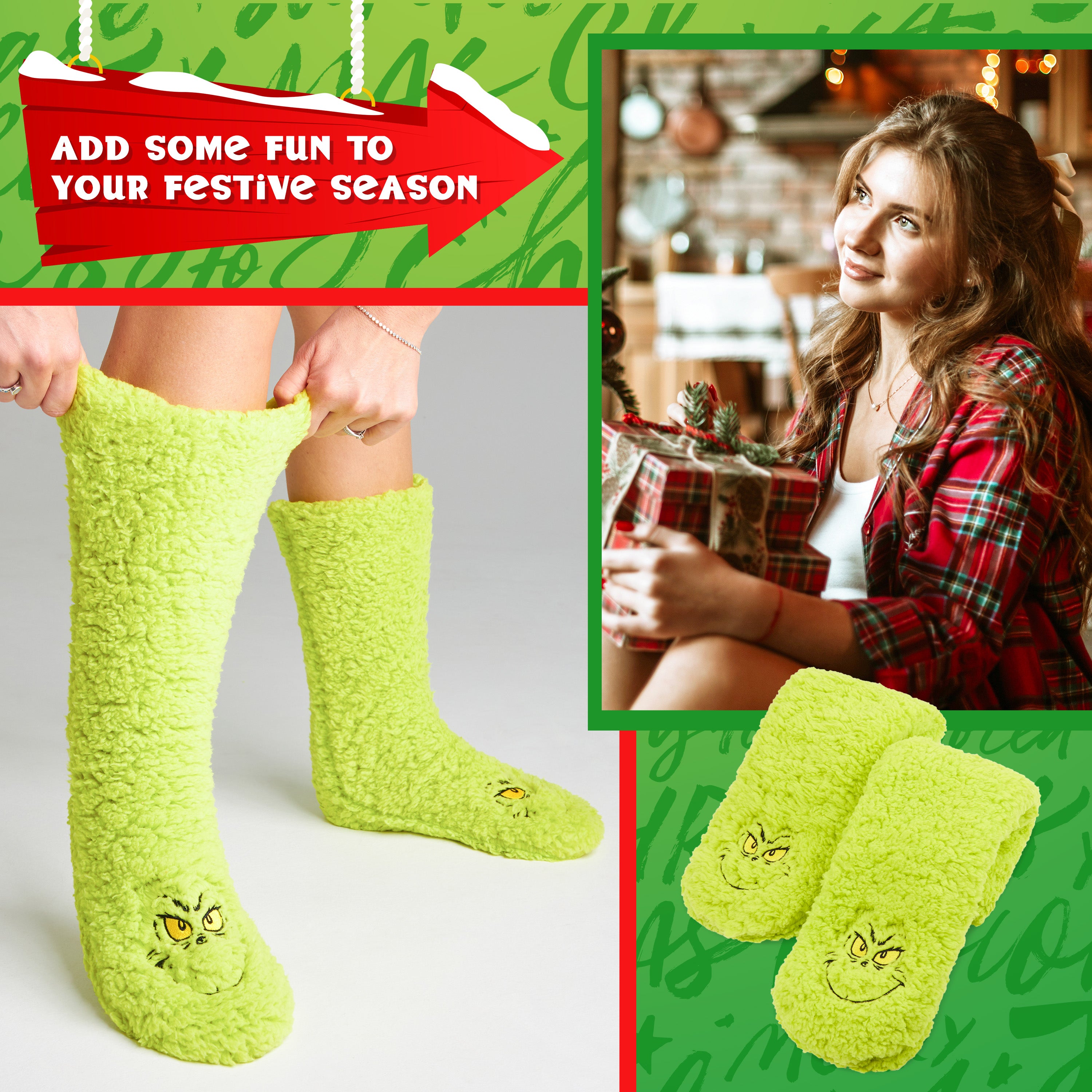 The Grinch Slipper Socks for Women Men Teens, Soft Fluffy Socks Warm Winter Bed Socks Non Slip Funny Festive Stocking Filler Xmas Secret Santa Gifts - Get Trend