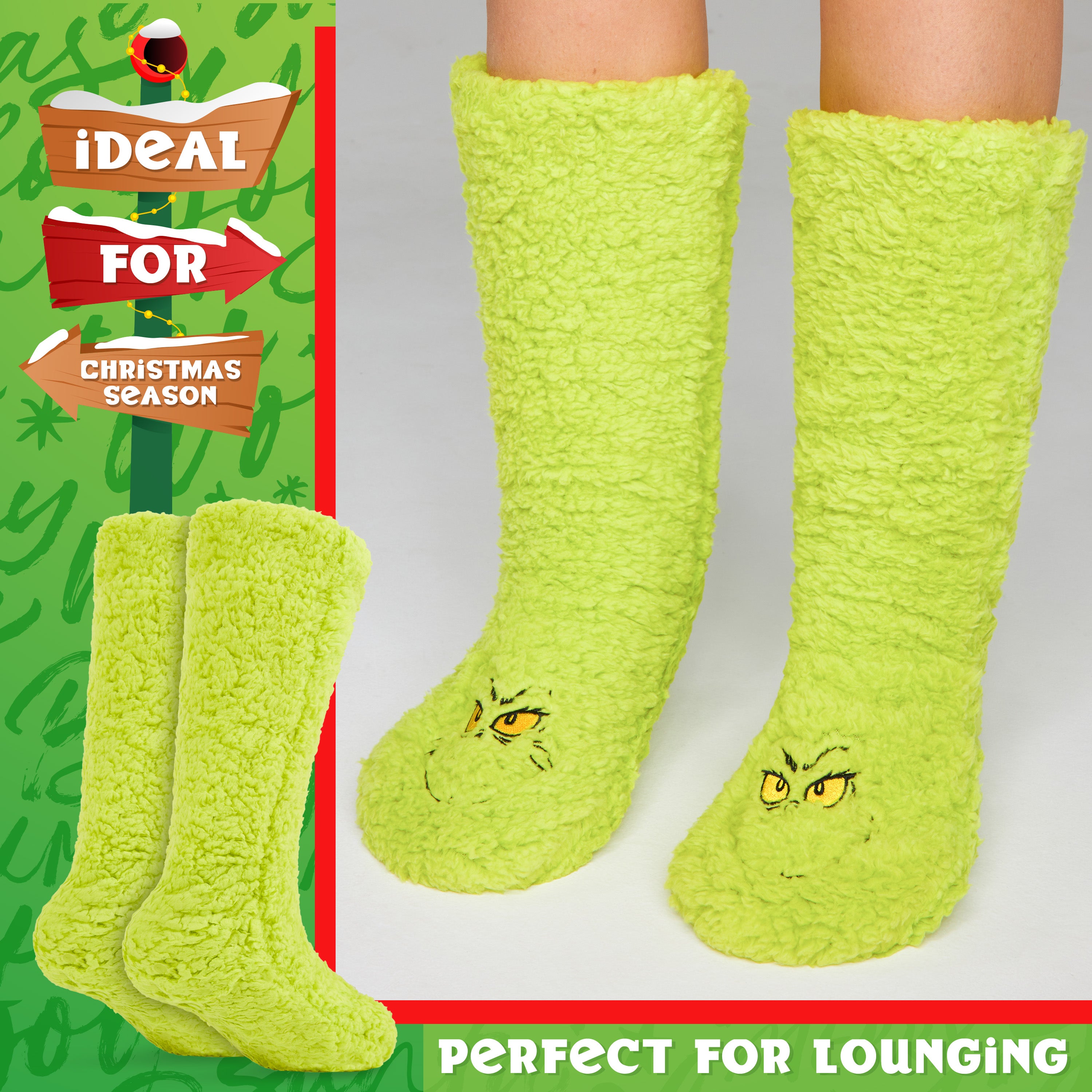The Grinch Slipper Socks for Women Men Teens, Soft Fluffy Socks Warm Winter Bed Socks Non Slip Funny Festive Stocking Filler Xmas Secret Santa Gifts - Get Trend