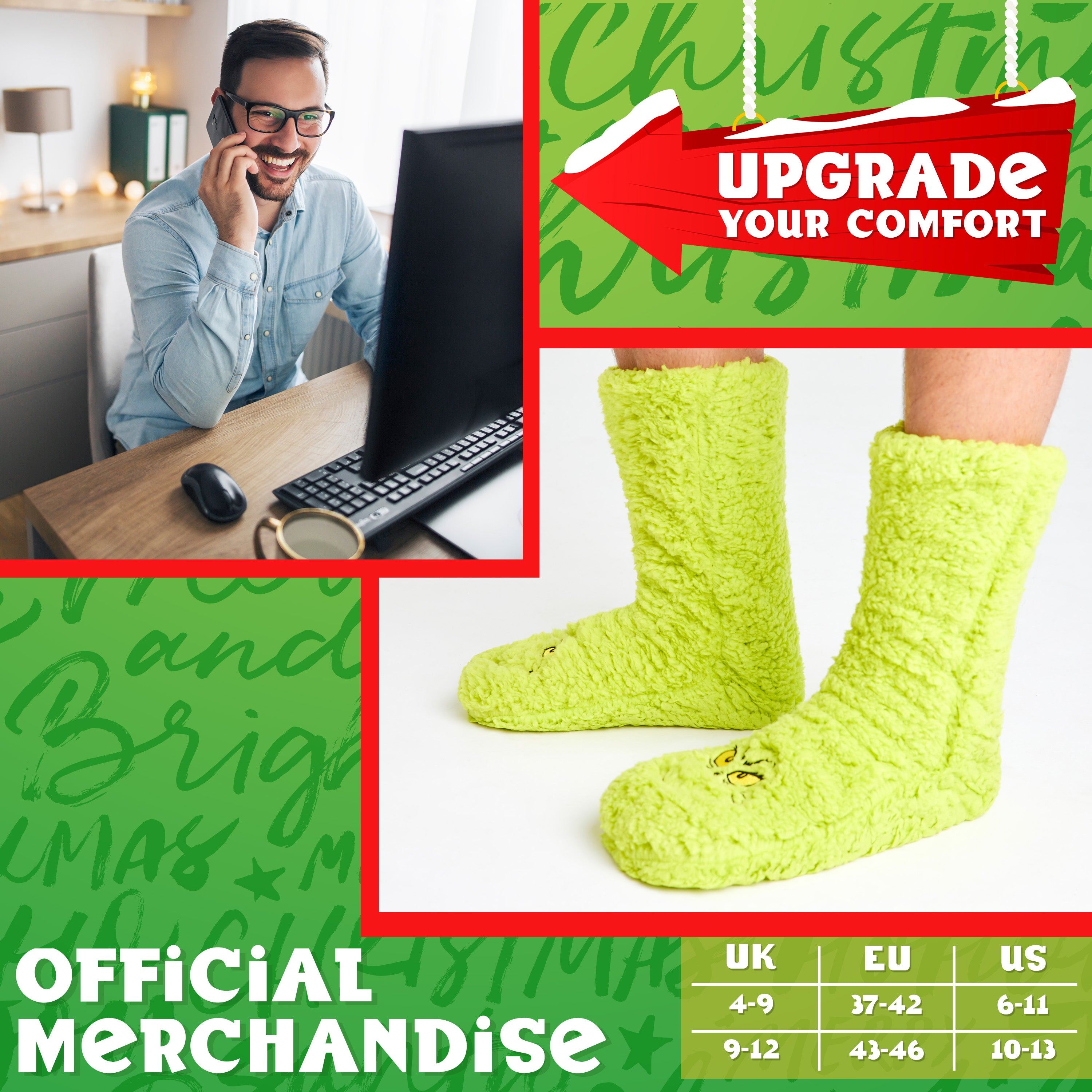 The Grinch Slipper Socks for Women Men Teens, Soft Fluffy Socks Warm Winter Bed Socks Non Slip Funny Festive Stocking Filler Xmas Secret Santa Gifts - Get Trend