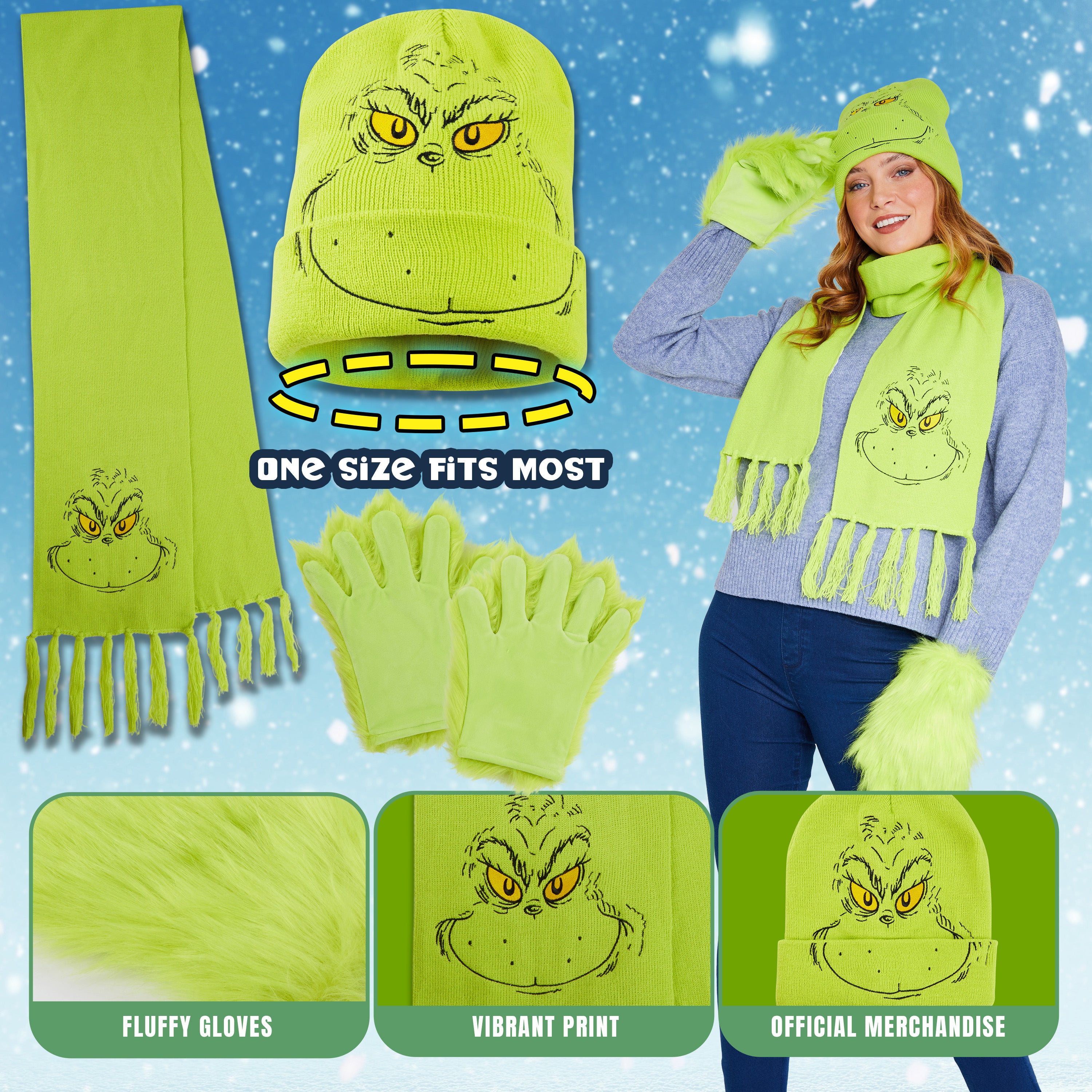 The Grinch Women's Winter Accessories Set, Hat Scarf Gloves - Gifts for Her - Get Trend