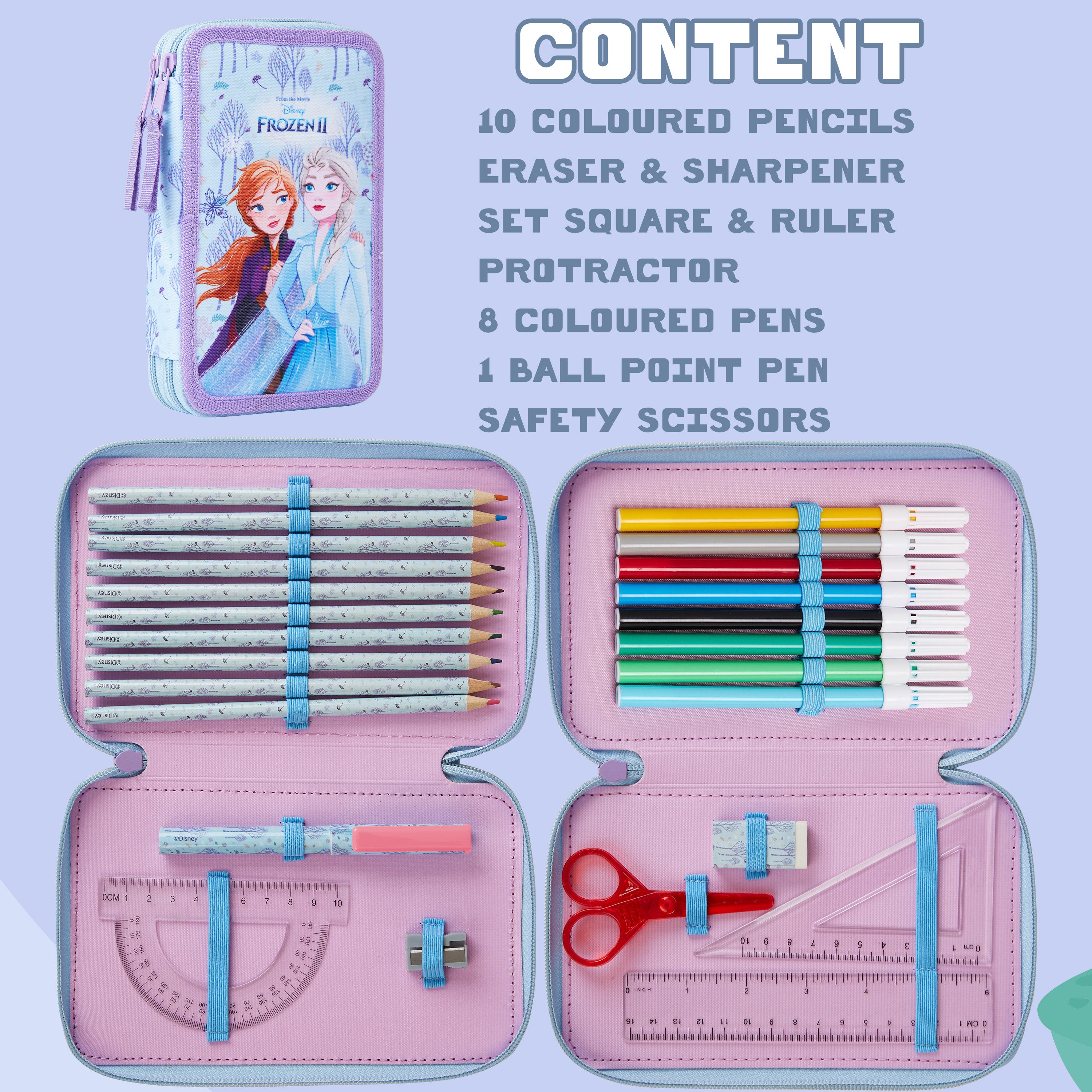 Disney Filled Pencil Case with Stationery for Kids, School Supplies Colouring Pencils, Markers - Gifts for Girls (Blue Frozen Double Zip) - Get Trend