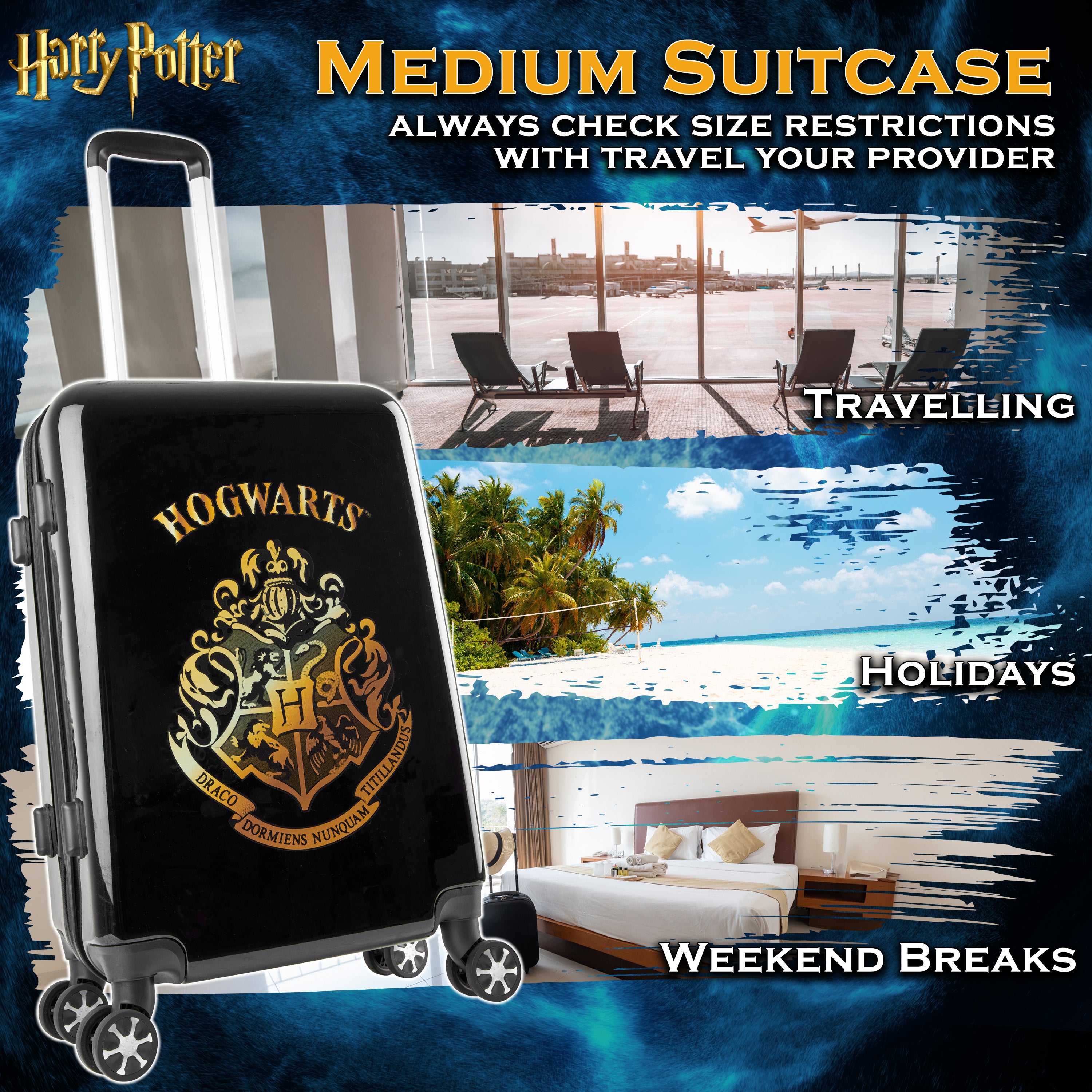 Harry Potter Hard Shell Suitcase, 67 x 42 x 25cm, 60L Capacity, 4 Wheels Combination Lock - Travel Essentials (M/67cm - 60L, Black) - Get Trend