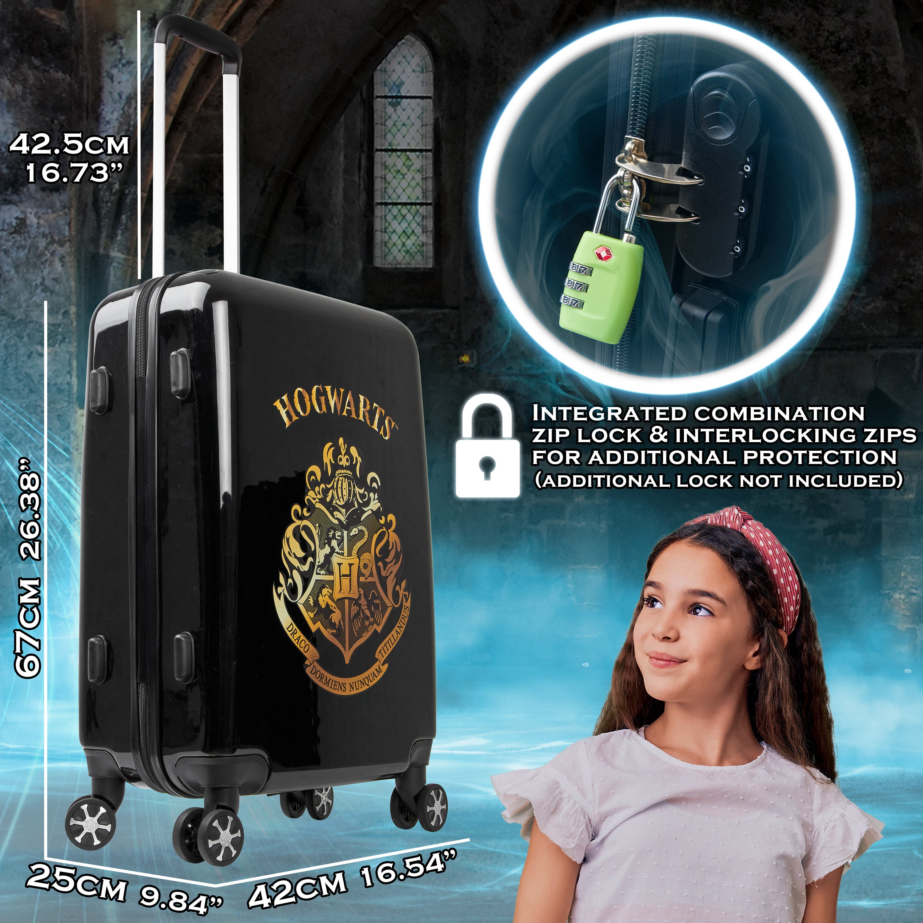 Harry Potter Hard Shell Suitcase, 67 x 42 x 25cm, 60L Capacity, 4 Wheels Combination Lock - Travel Essentials (M/67cm - 60L, Black) - Get Trend