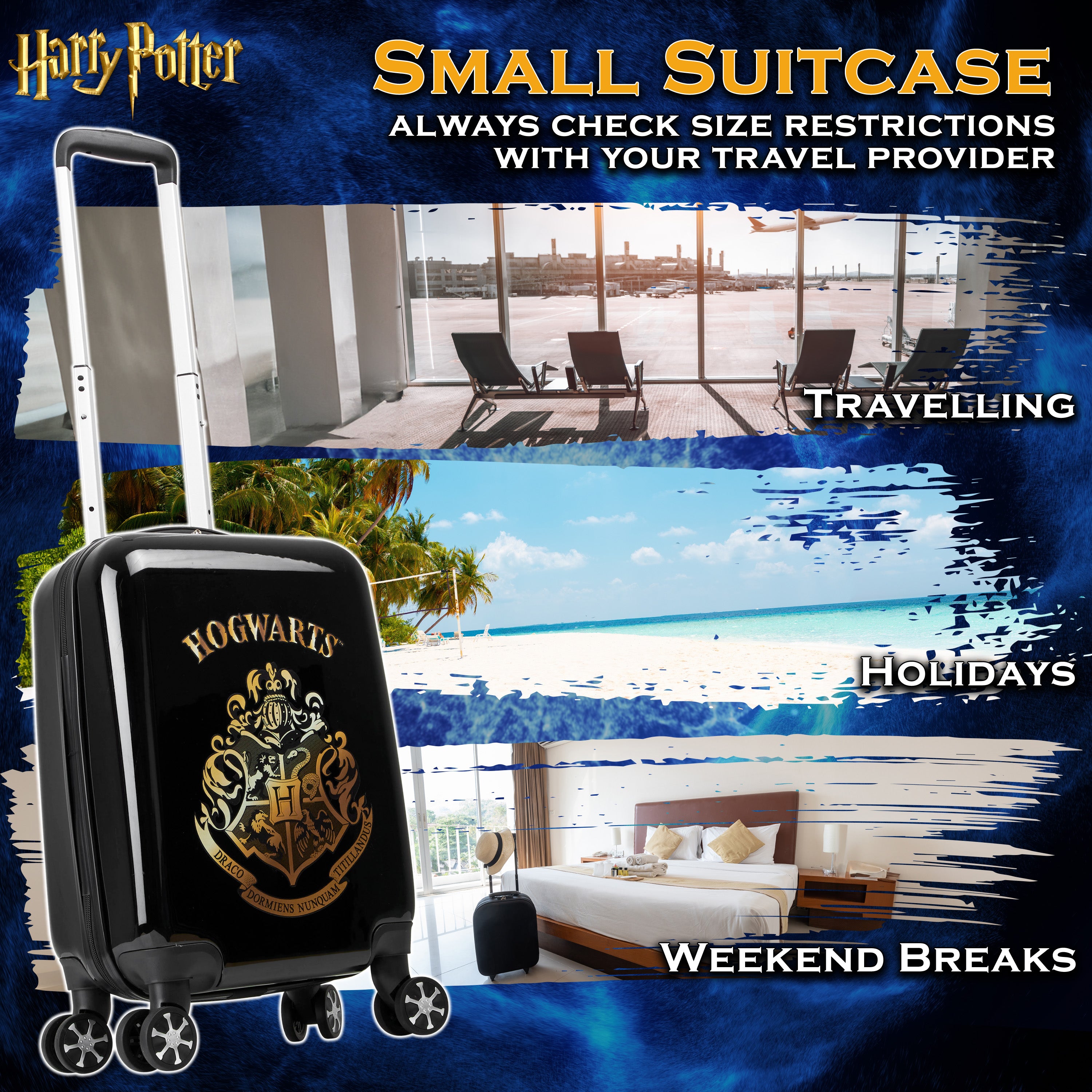 Harry Potter Hard Shell Suitcase, 55 x 35 x 21cm, 31L Capacity, 4 Wheels, Combination Lock - Travel Essentials (S/55cm - 31L, Black) - Get Trend