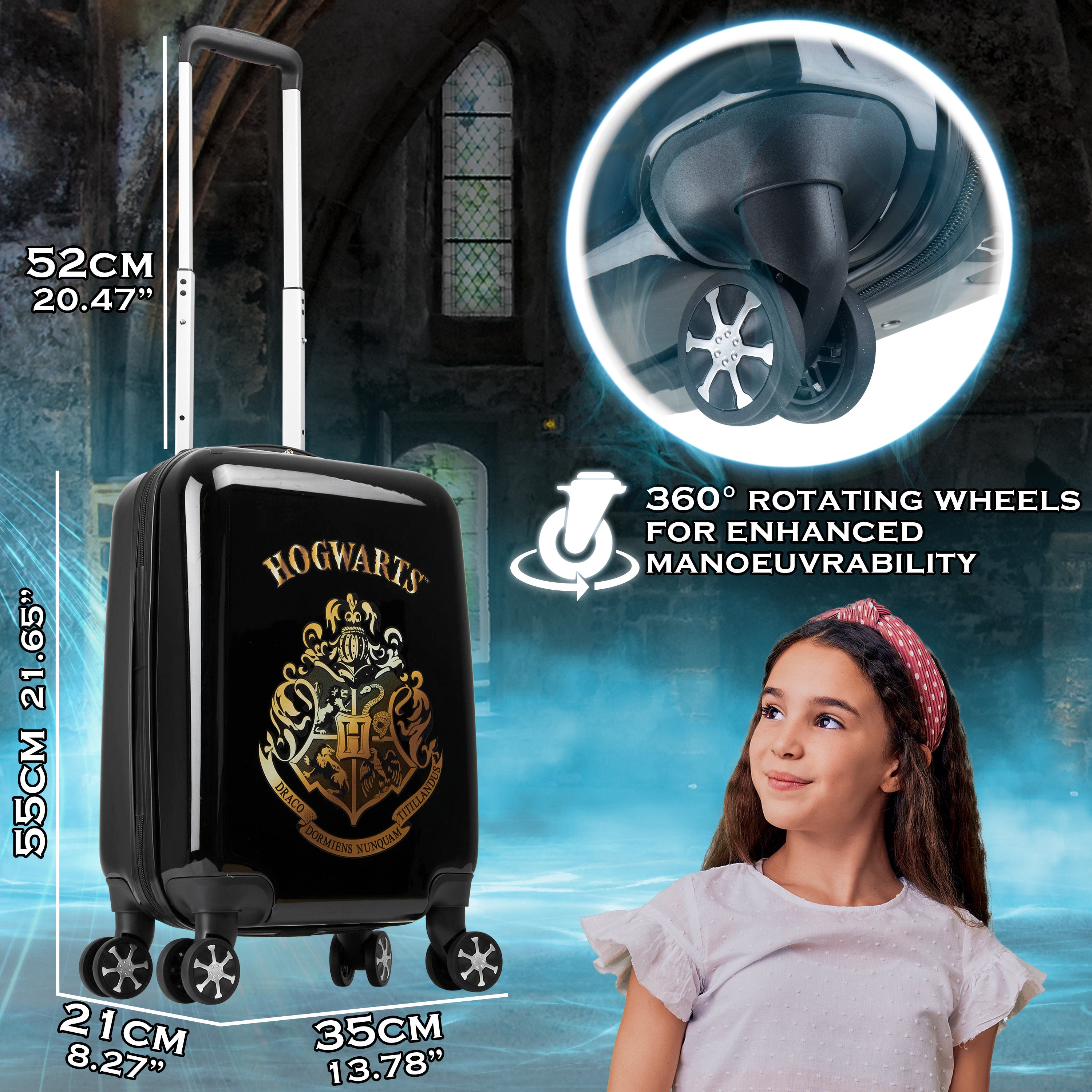 Harry Potter Hard Shell Suitcase, 55 x 35 x 21cm, 31L Capacity, 4 Wheels, Combination Lock - Travel Essentials (S/55cm - 31L, Black) - Get Trend
