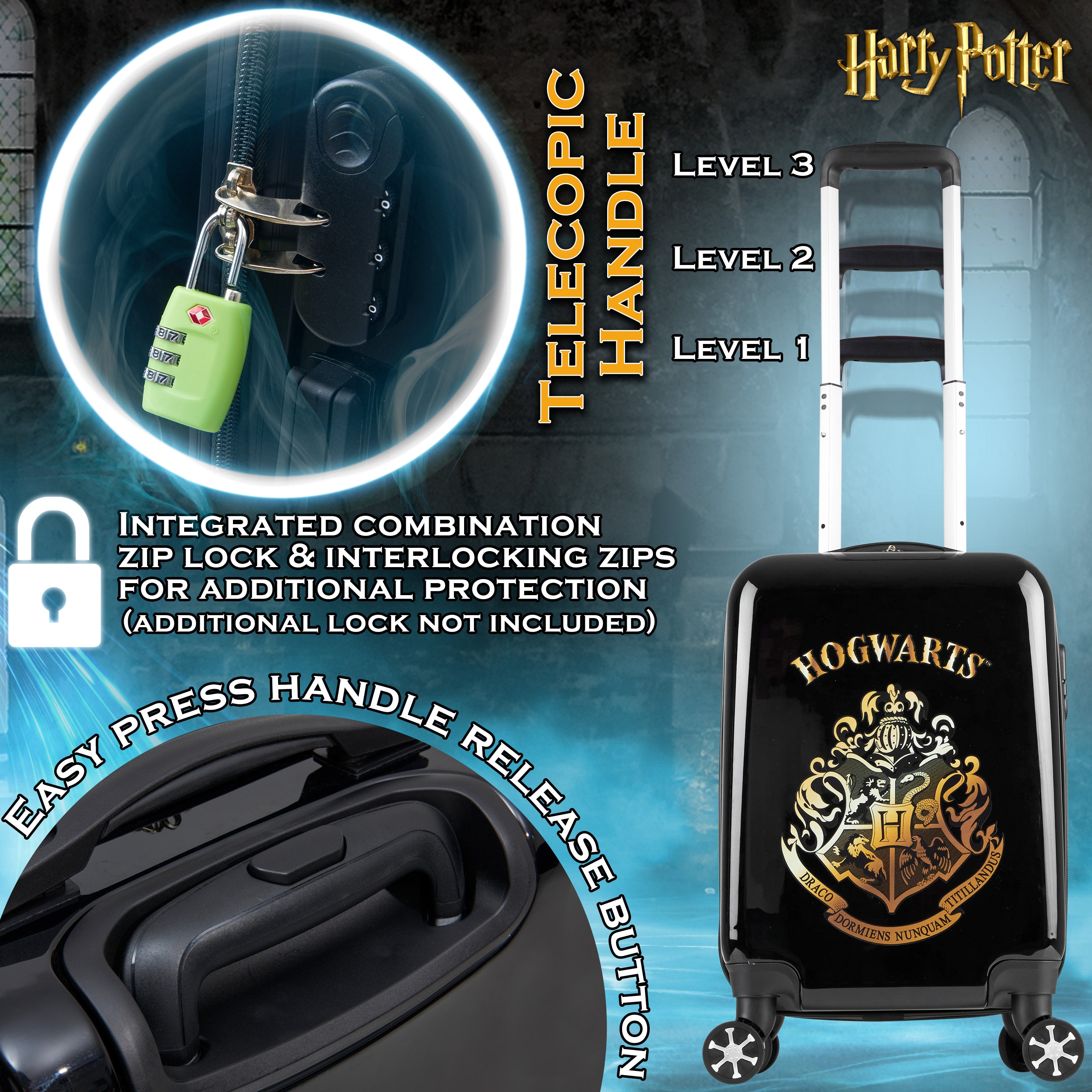 Harry Potter Hard Shell Suitcase, 55 x 35 x 21cm, 31L Capacity, 4 Wheels, Combination Lock - Travel Essentials (S/55cm - 31L, Black) - Get Trend