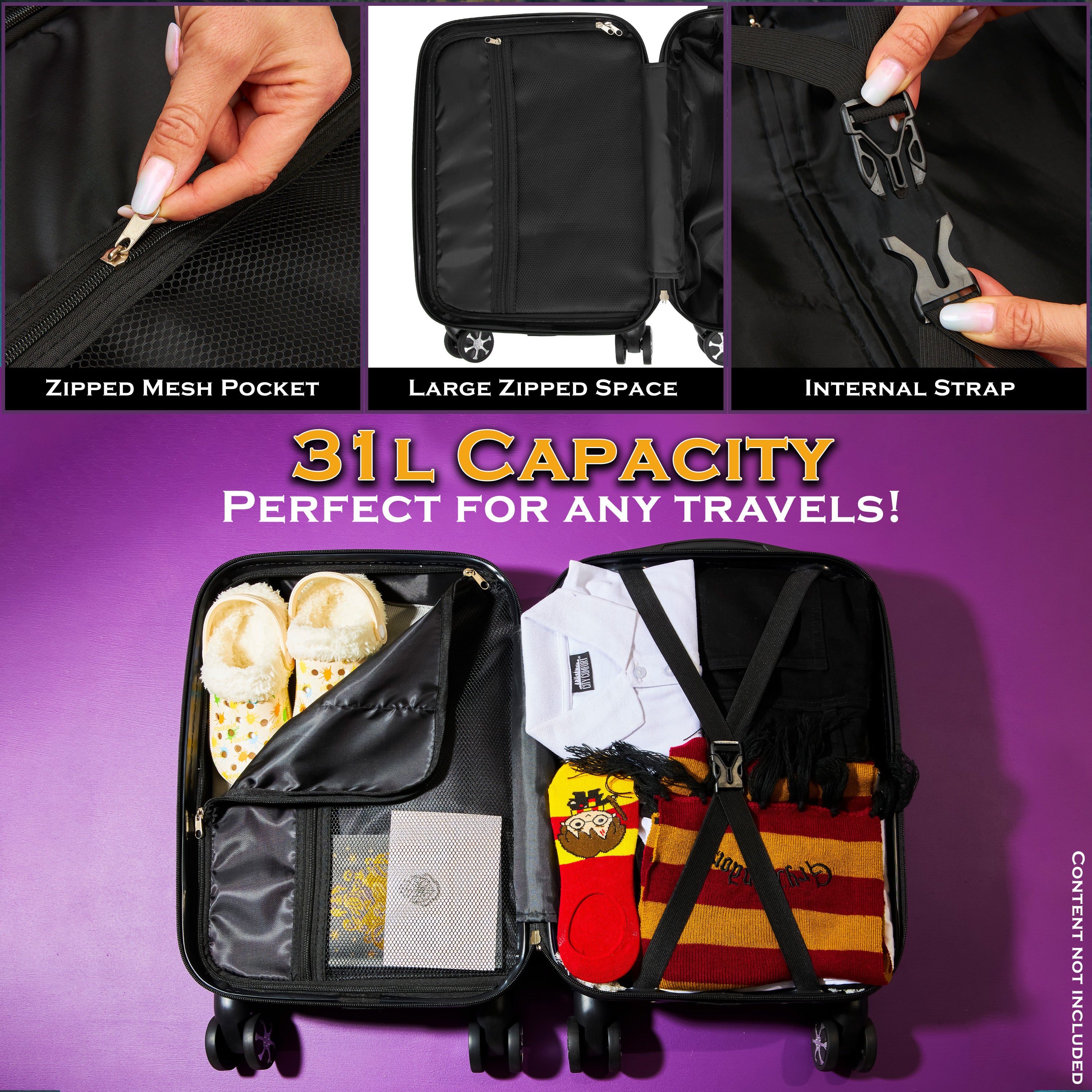 Harry Potter Hard Shell Suitcase, 55 x 35 x 21cm, 31L Capacity, 4 Wheels, Combination Lock - Travel Essentials (S/55cm - 31L, Black) - Get Trend