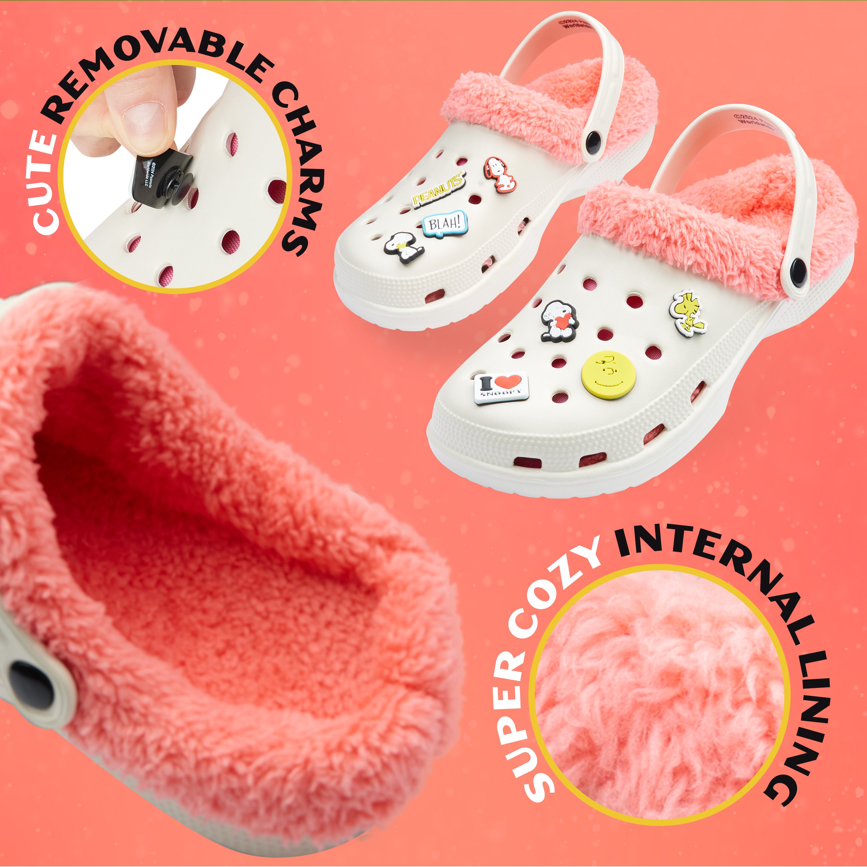 Peanuts Snoopy Clogs Womens Teens Winter Fleece Lining & Removable Charms - Warm Slip On Garden Shoes with Strap - Get Trend