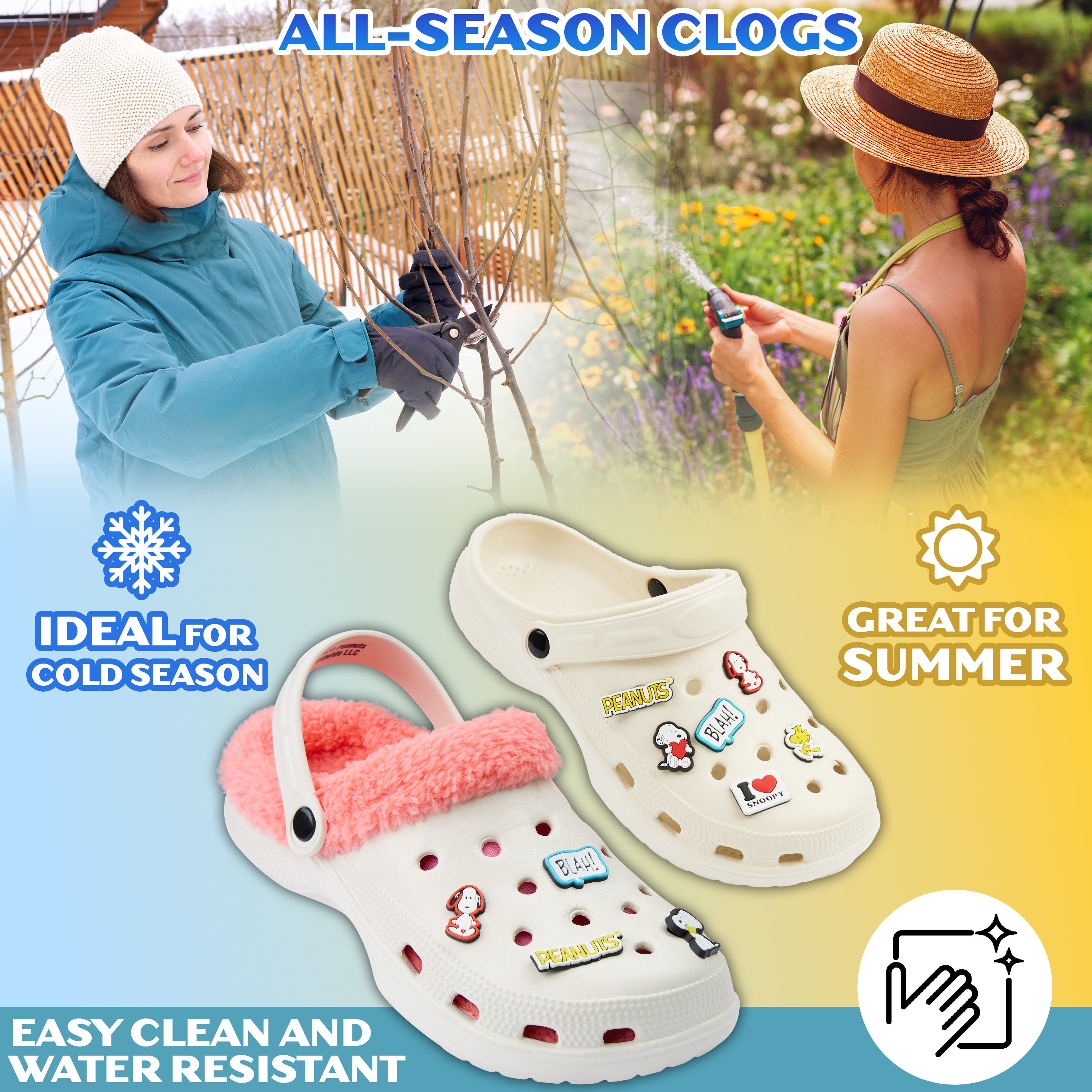 Peanuts Snoopy Clogs Womens Teens Winter Fleece Lining & Removable Charms - Warm Slip On Garden Shoes with Strap - Get Trend