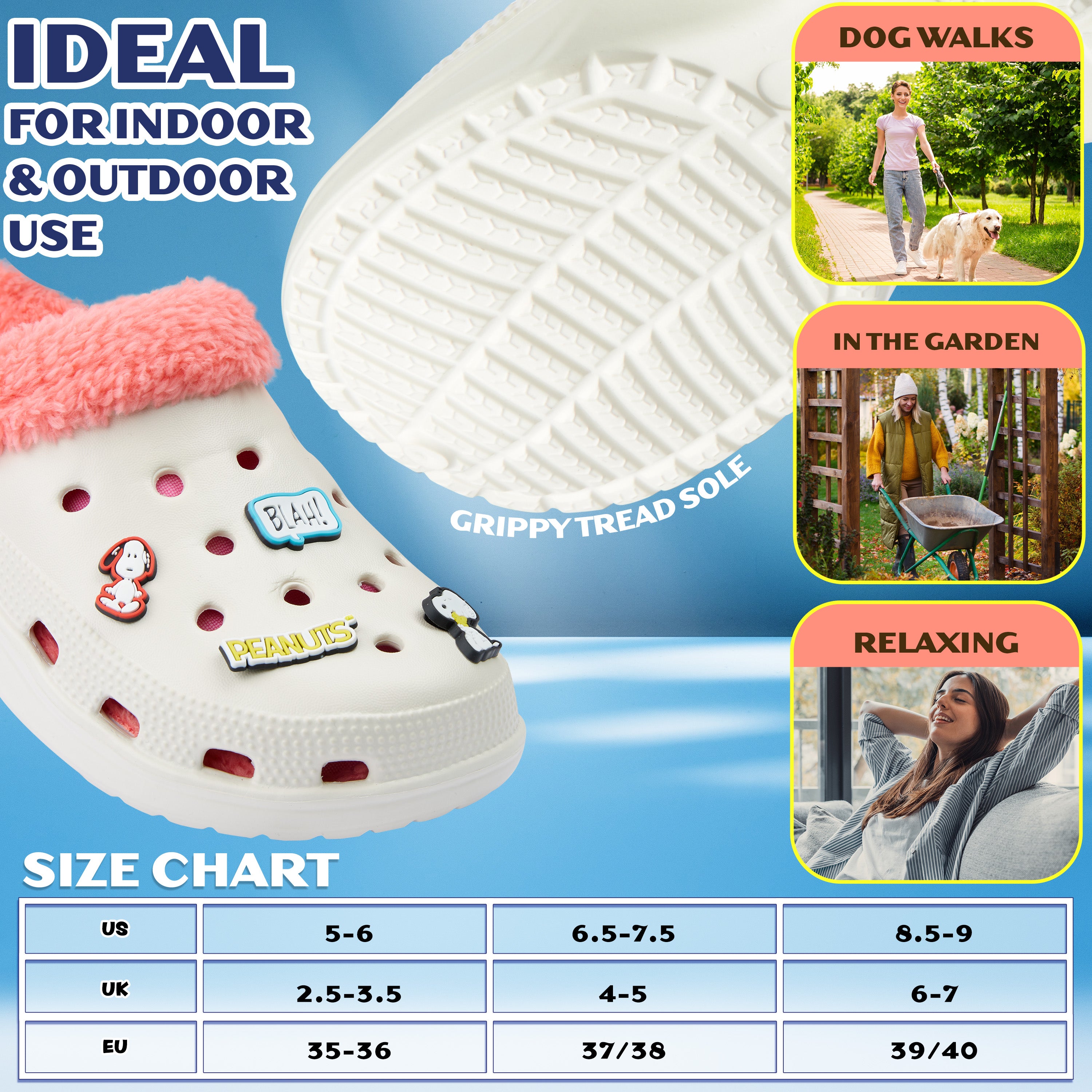 Peanuts Snoopy Clogs Womens Teens Winter Fleece Lining & Removable Charms - Warm Slip On Garden Shoes with Strap - Get Trend