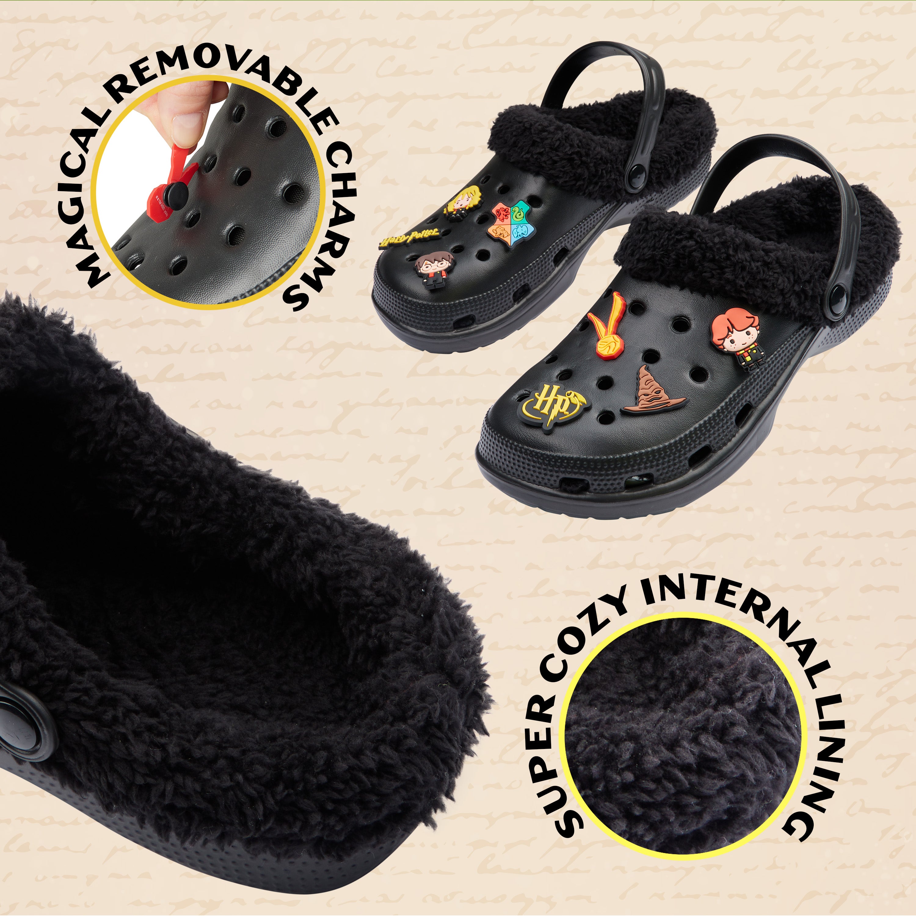 Harry Potter Clogs Womens Teens Winter Fleece Lining & Removable Charms - Warm Slip On Garden Shoes with Strap - Get Trend