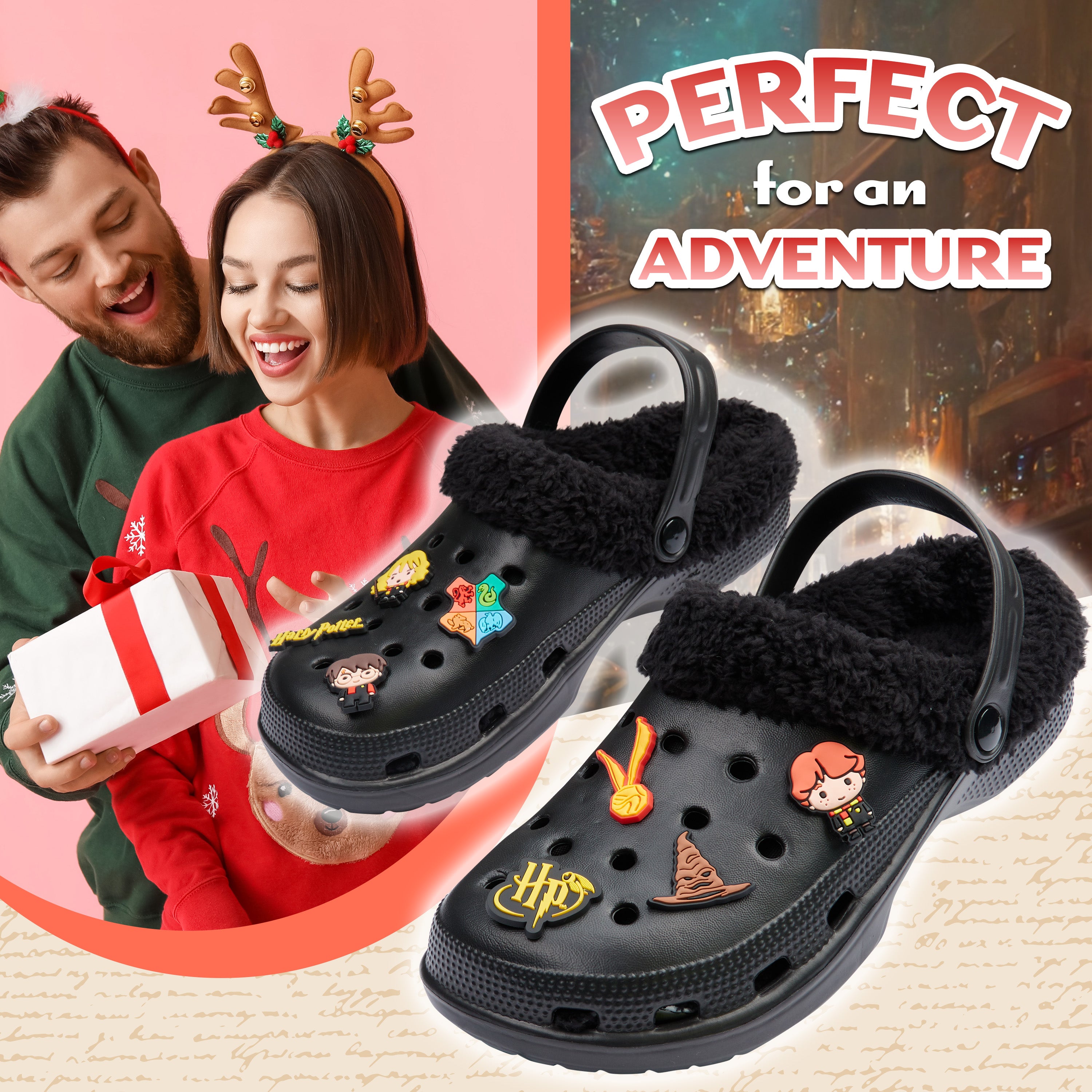 Harry Potter Clogs Womens Teens Winter Fleece Lining & Removable Charms - Warm Slip On Garden Shoes with Strap - Get Trend