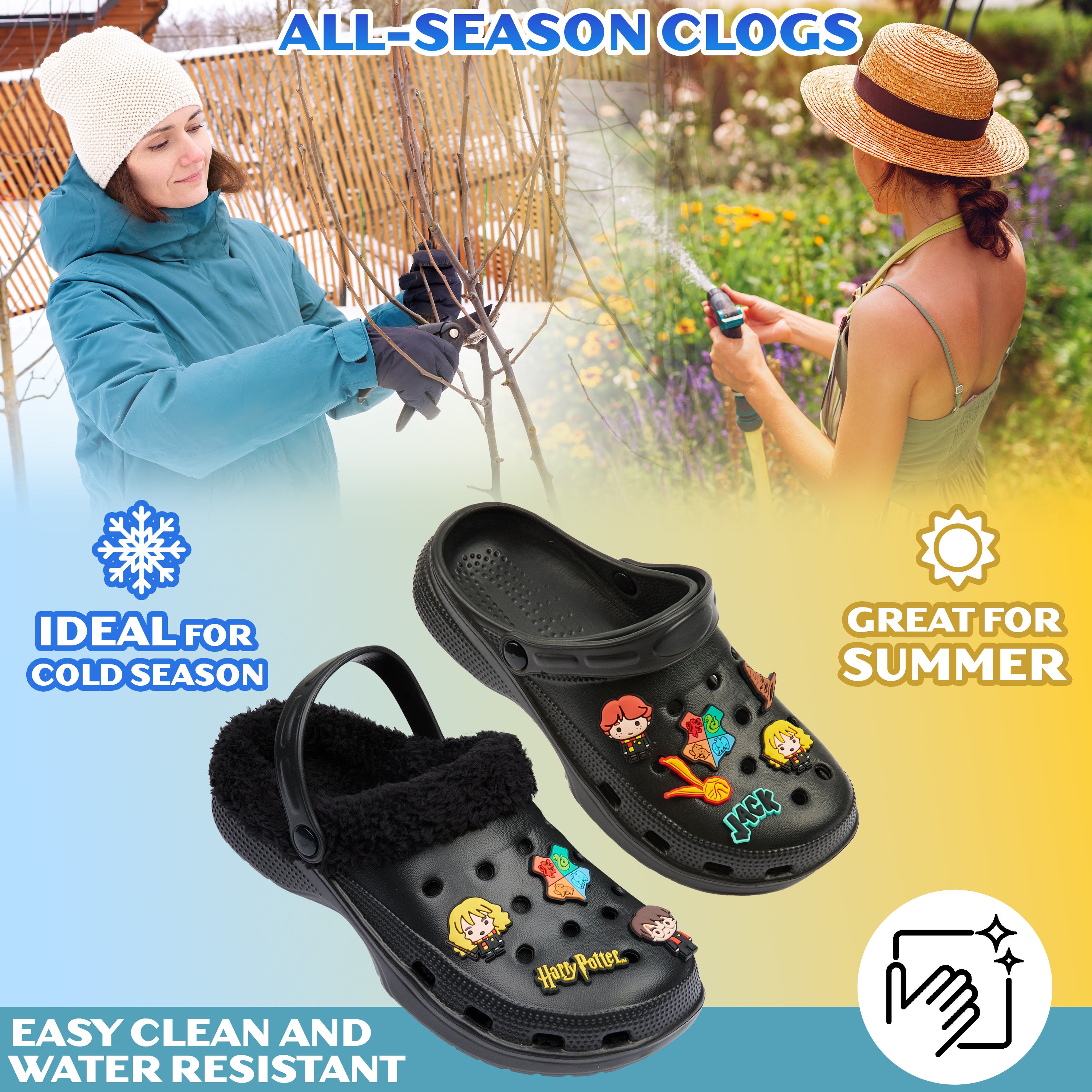 Harry Potter Clogs Womens Teens Winter Fleece Lining & Removable Charms - Warm Slip On Garden Shoes with Strap - Get Trend