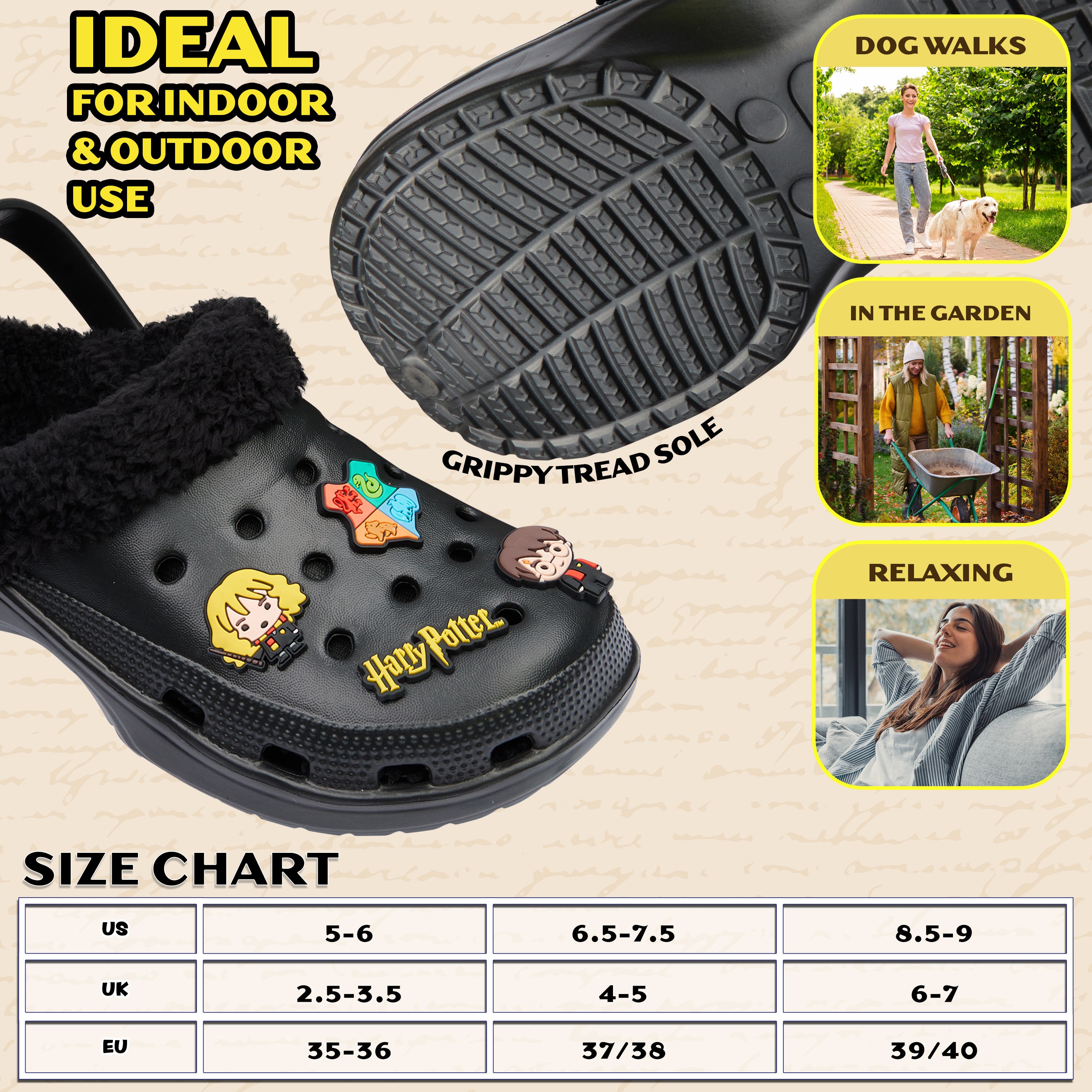 Harry Potter Clogs Womens Teens Winter Fleece Lining & Removable Charms - Warm Slip On Garden Shoes with Strap - Get Trend