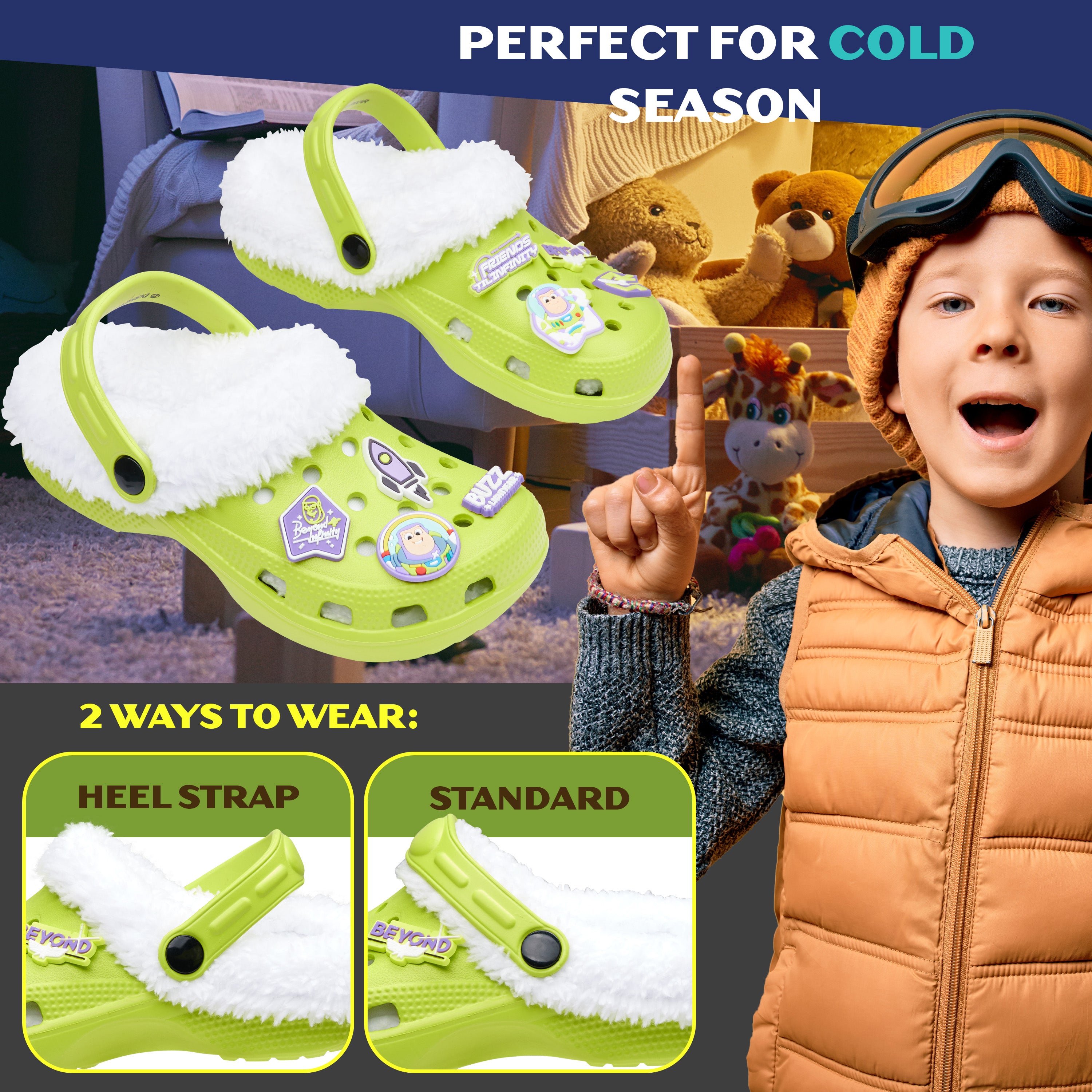 Disney Toy Story Buzz Lightyear Boys Winter Clogs Fleece Lining & Removable Charms, Kids Garden Shoes Slip On with Strap - Get Trend