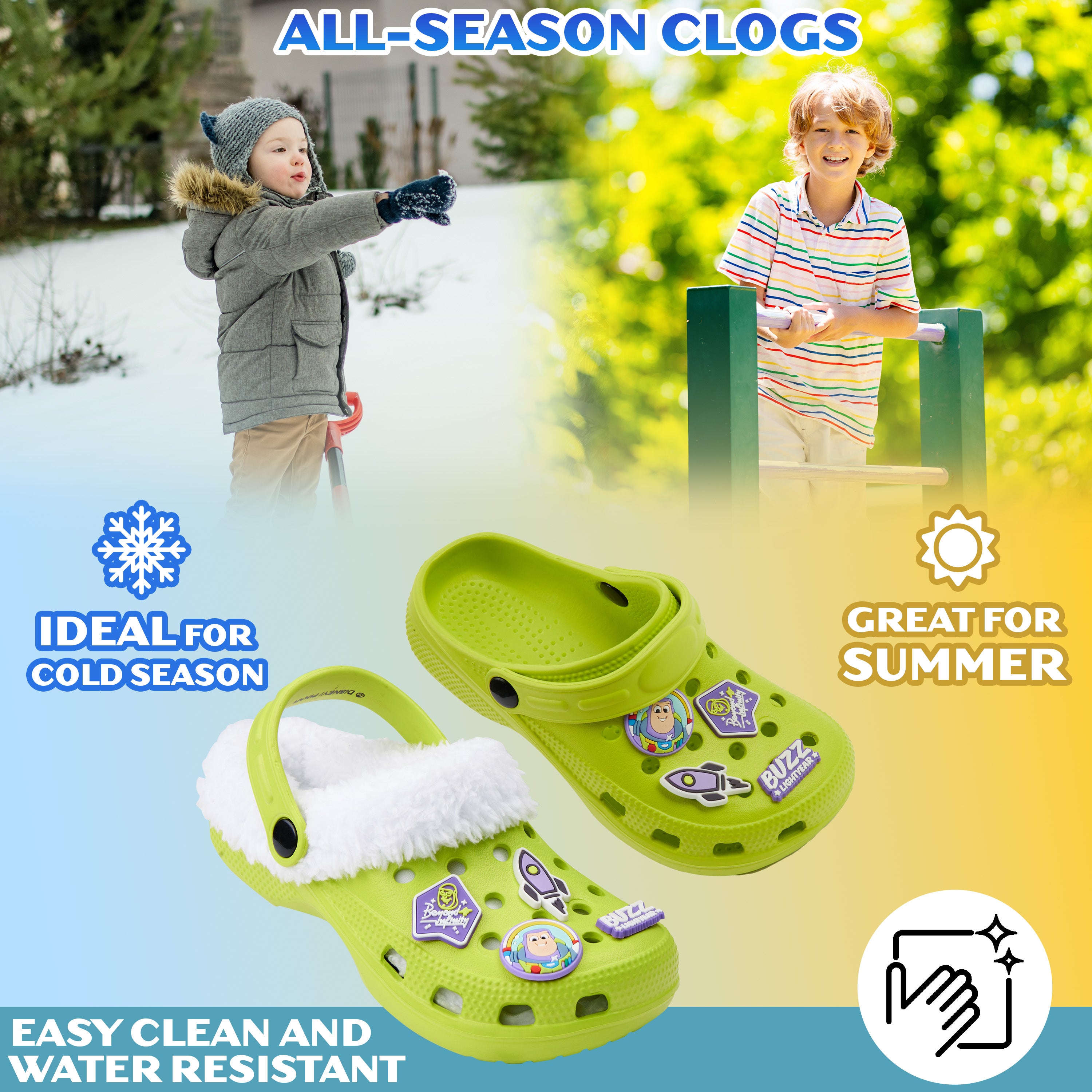 Disney Toy Story Buzz Lightyear Boys Winter Clogs Fleece Lining & Removable Charms, Kids Garden Shoes Slip On with Strap - Get Trend