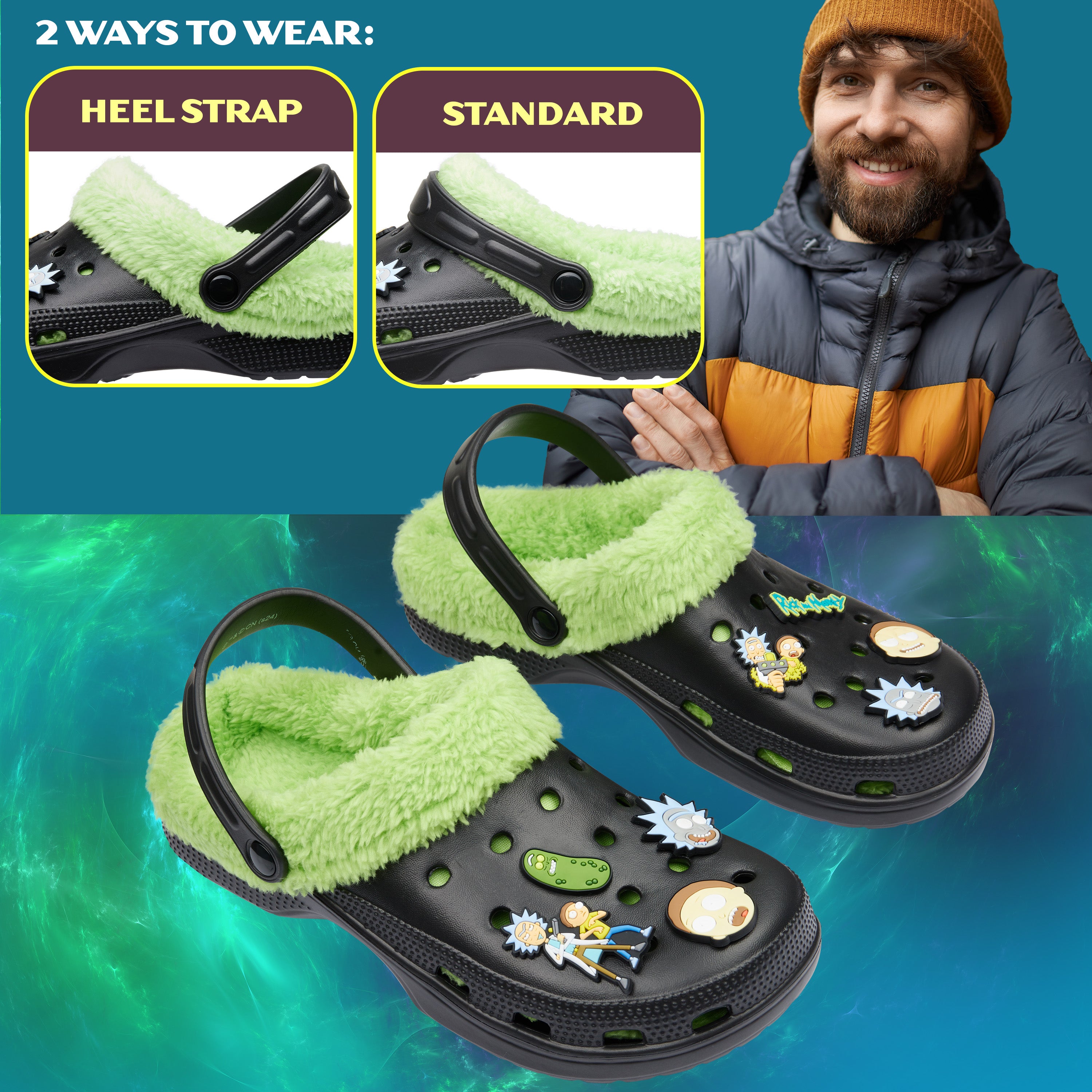 Rick and Morty Clogs Mens Winter Fleece Lining & Removable Charms - Warm Slip On Garden Shoes with Strap - Get Trend