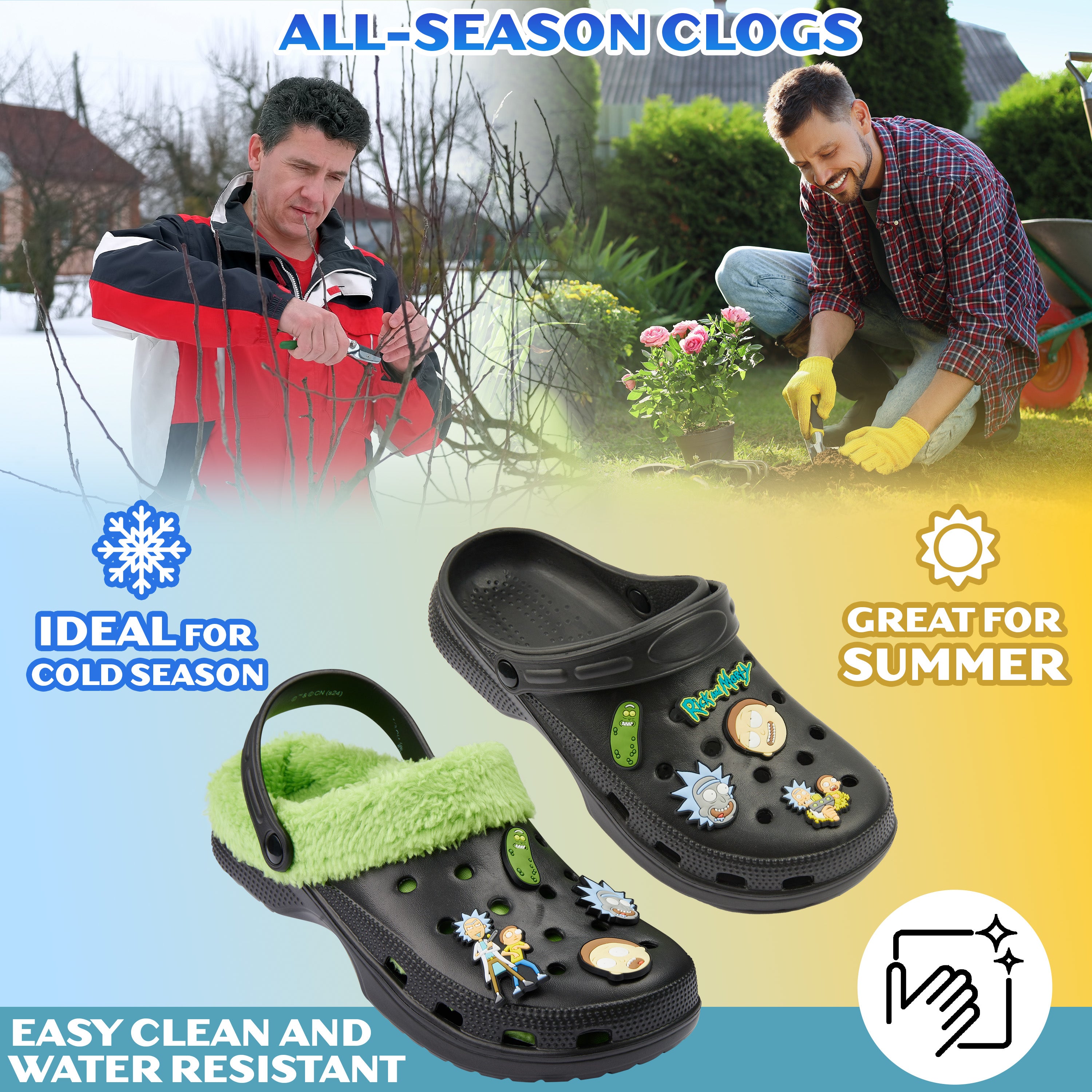 Rick and Morty Clogs Mens Winter Fleece Lining & Removable Charms - Warm Slip On Garden Shoes with Strap - Get Trend