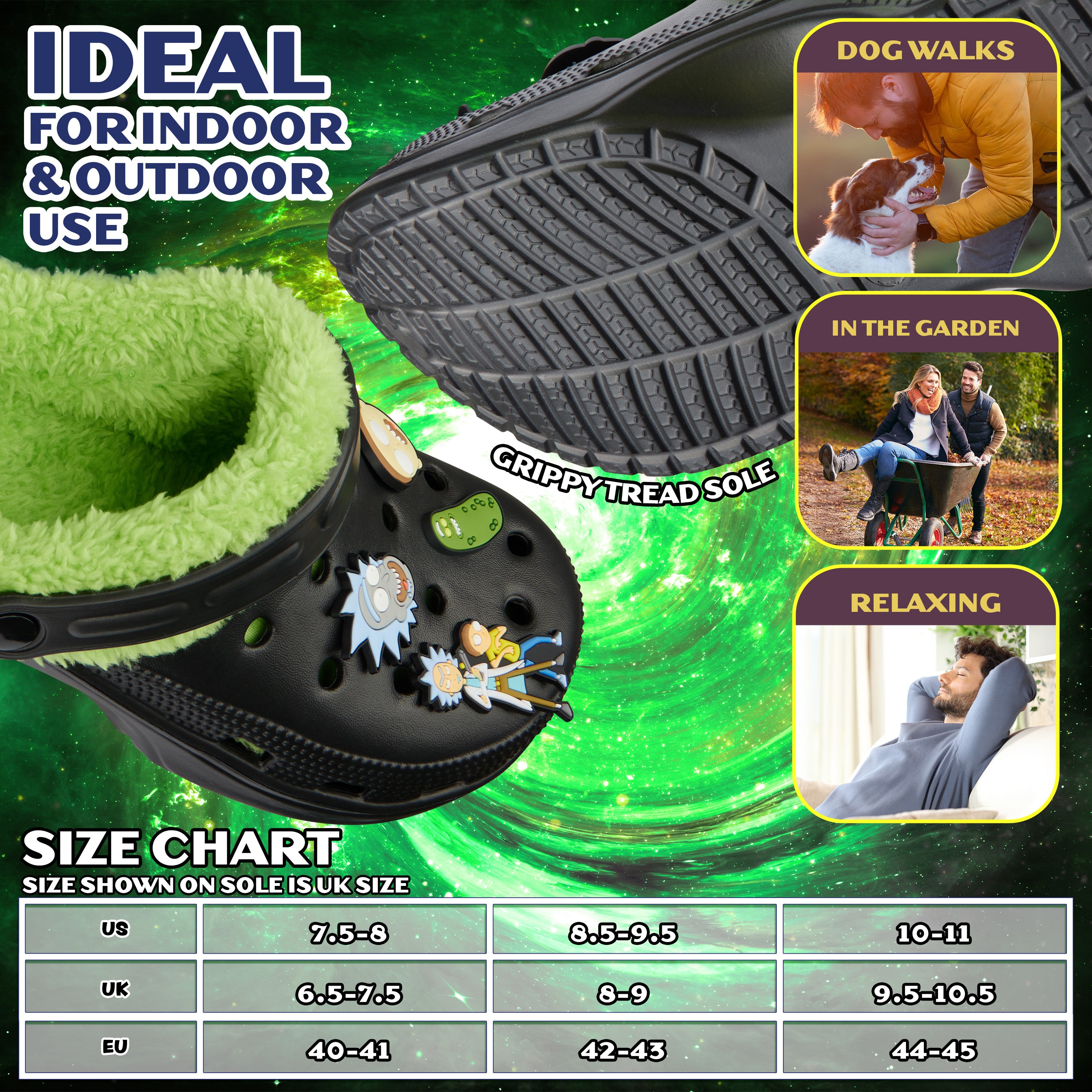 Rick and Morty Clogs Mens Winter Fleece Lining & Removable Charms - Warm Slip On Garden Shoes with Strap - Get Trend
