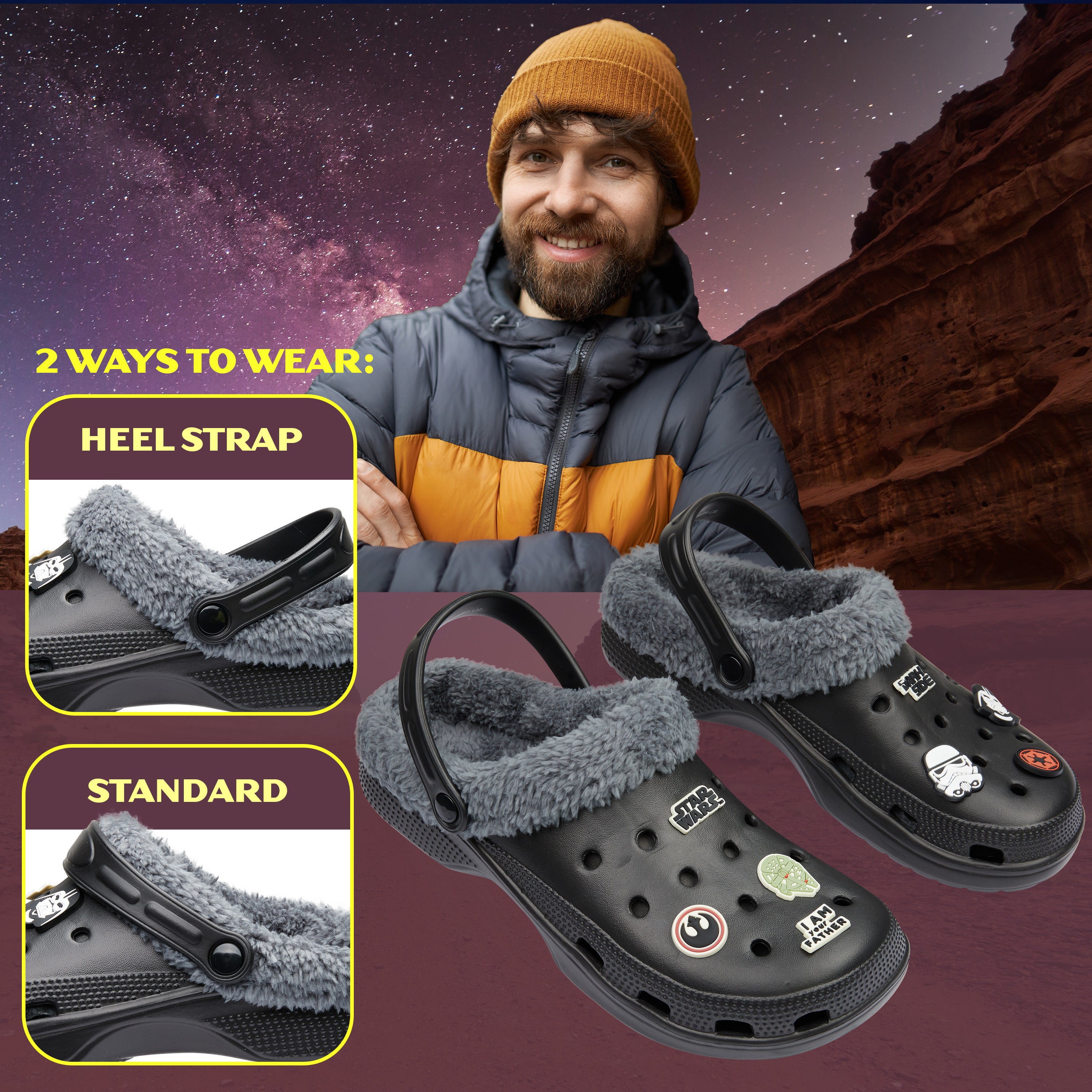 Disney Star Wars Clogs Mens Teens Winter Fleece Lining & Removable Charms - Warm Slip On Garden Shoes with Strap - Get Trend