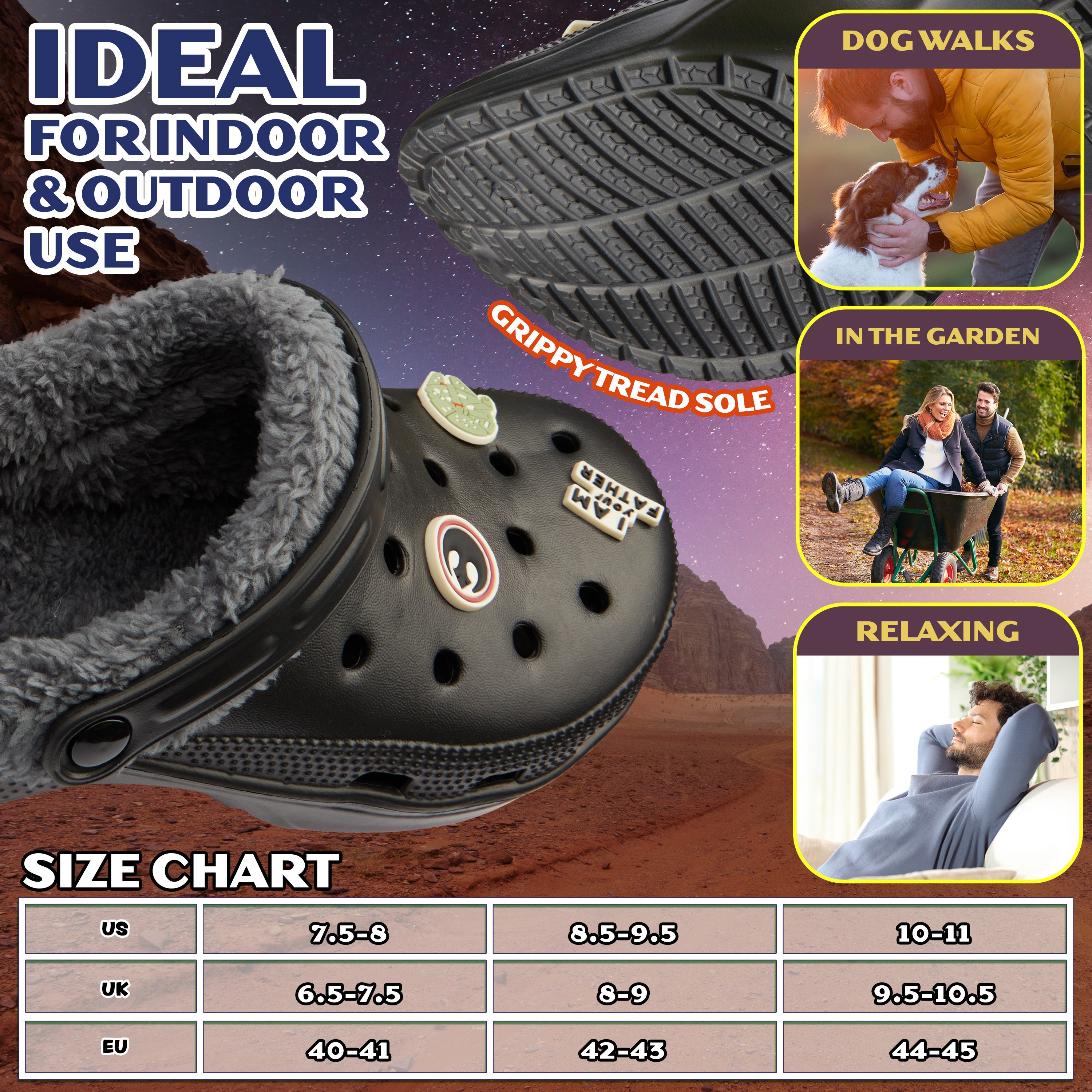 Disney Star Wars Clogs Mens Teens Winter Fleece Lining & Removable Charms - Warm Slip On Garden Shoes with Strap - Get Trend