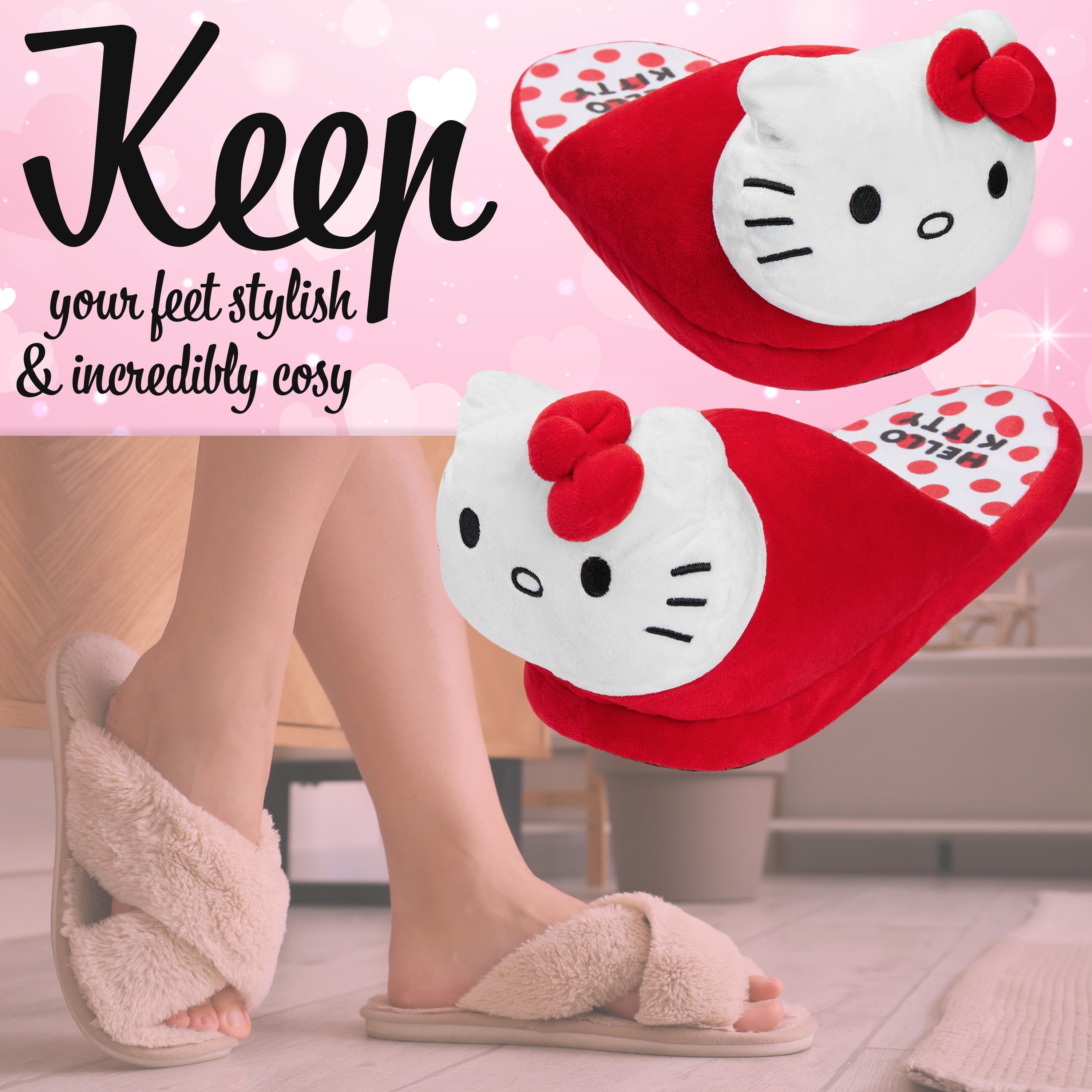 Hello Kitty Womens 3D Slippers, Cosy Indoor House Shoes Non Slip Loungewear - Gifts for Her - Get Trend