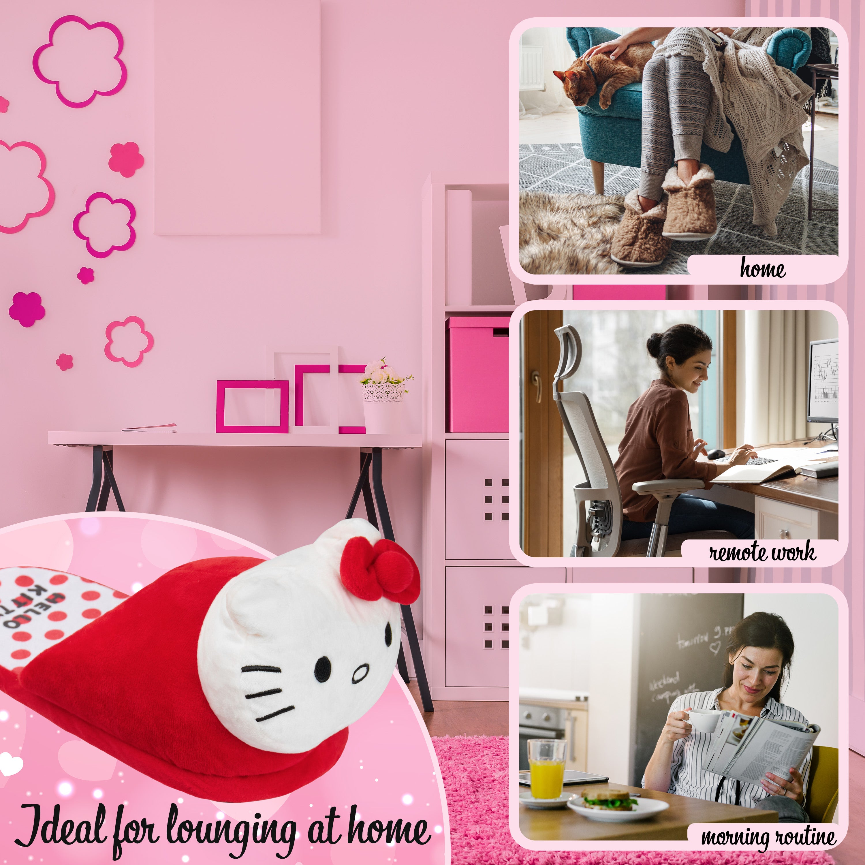 Hello Kitty Womens 3D Slippers, Cosy Indoor House Shoes Non Slip Loungewear - Gifts for Her - Get Trend