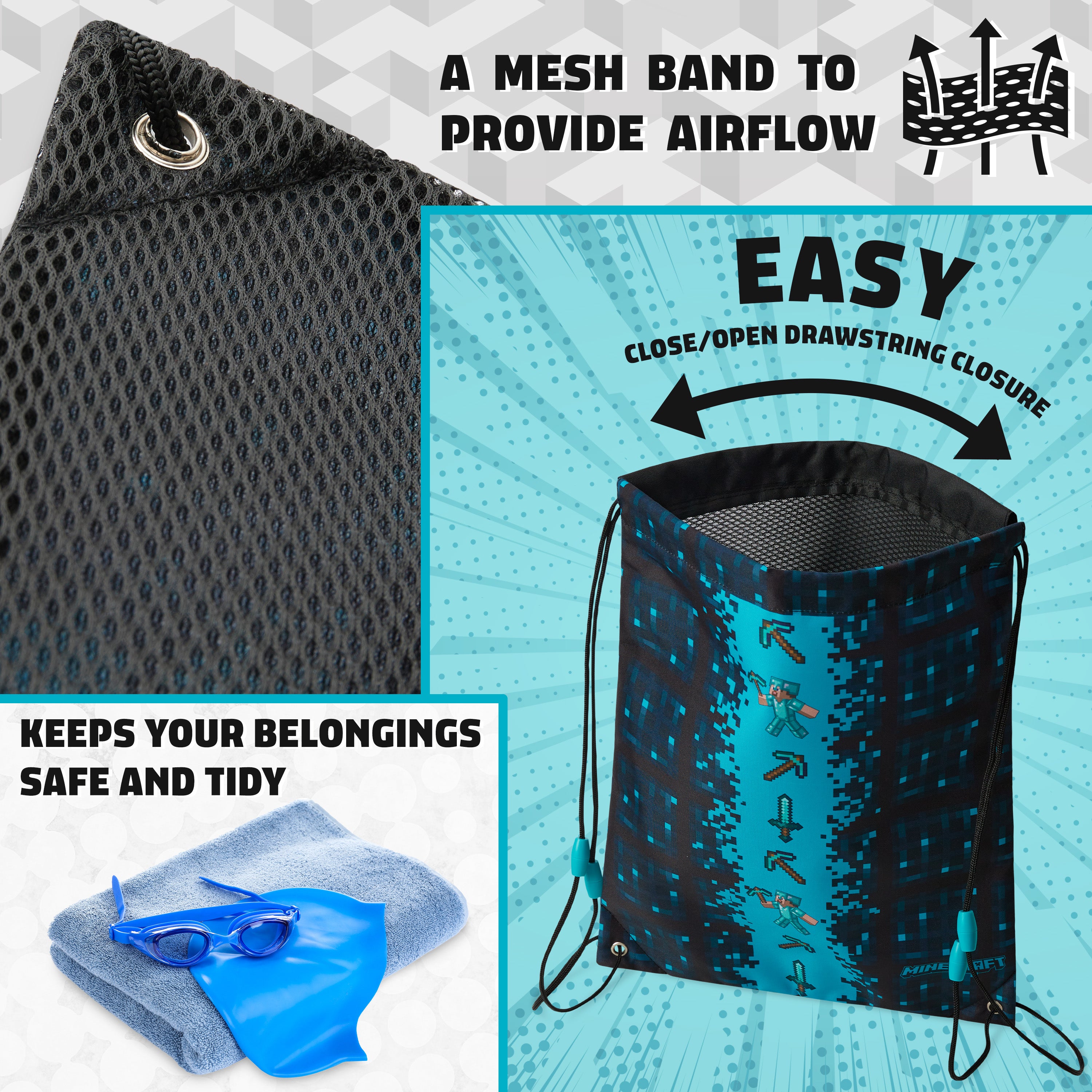 Minecraft Kids Drawstring Bag - Creeper String Swim Bag for School, Sports, PE Bag - Get Trend