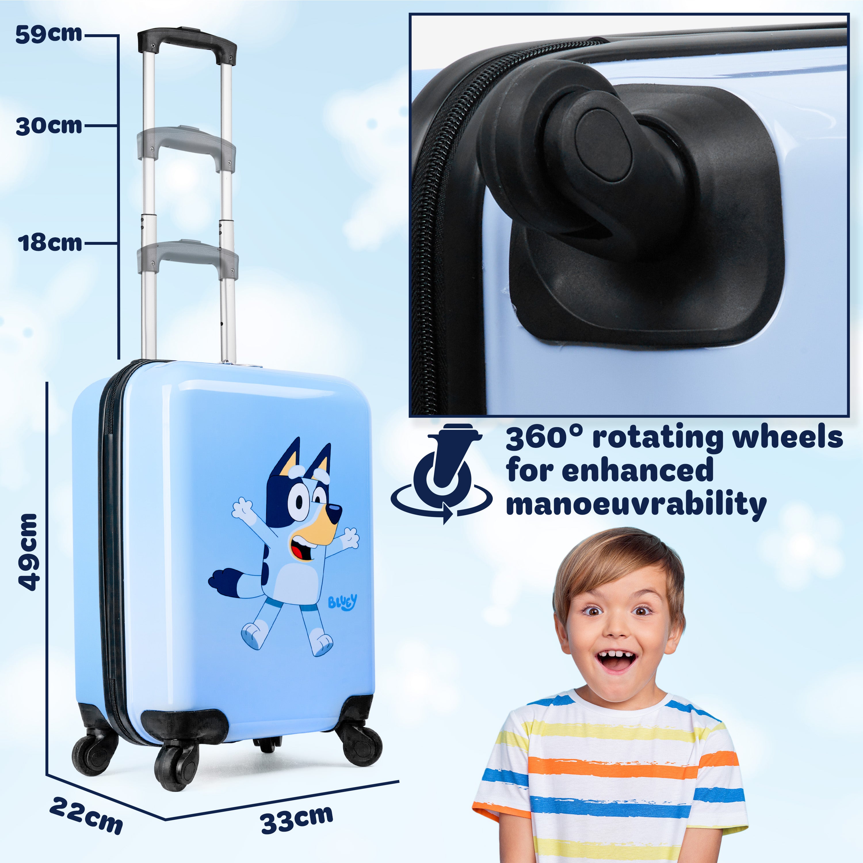 Bluey Kids Suitcase, 49 x 33 x 22cm, 30 litres Capacity, 4 Wheels Luggage for Kids - Get Trend