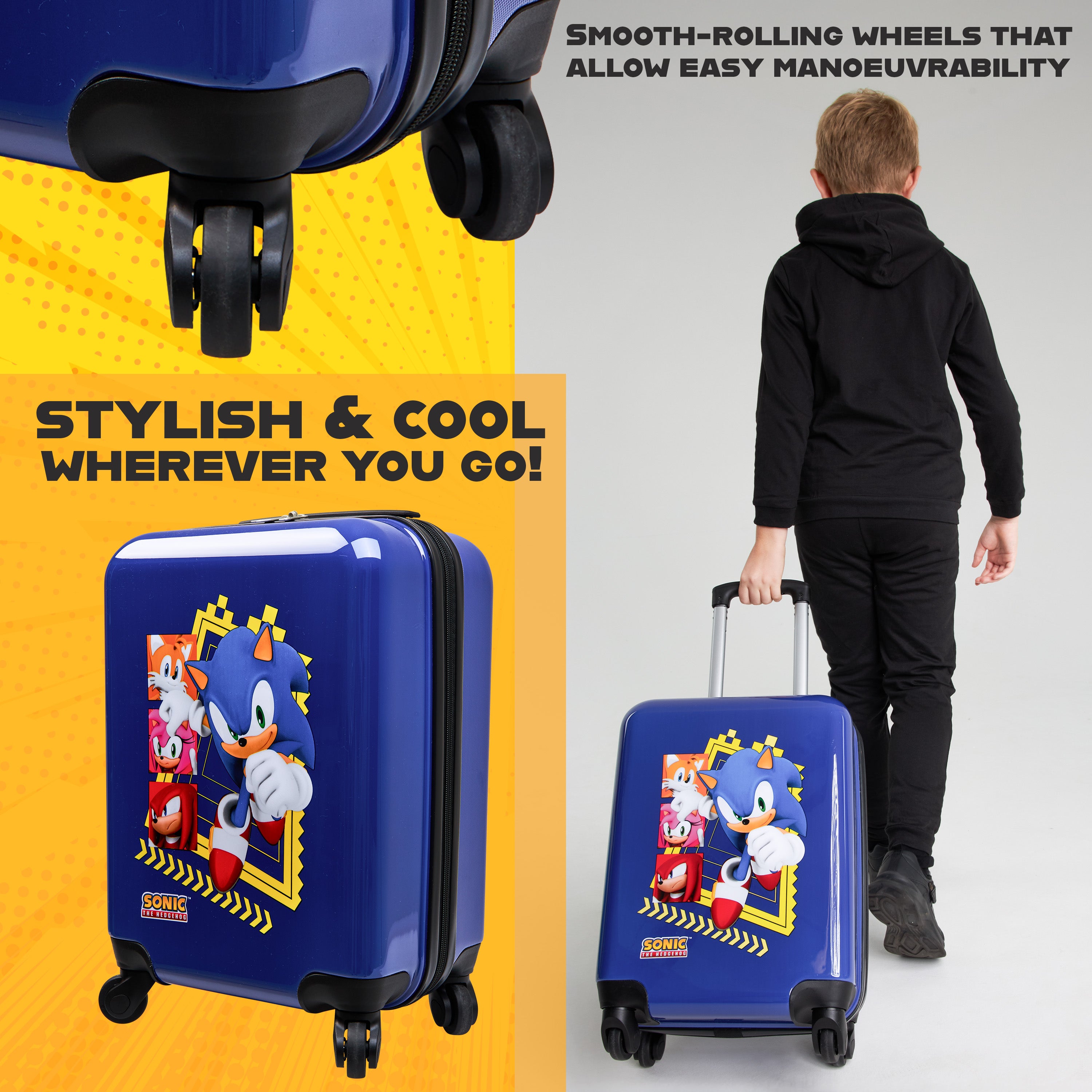SONIC THE HEDGEHOG Suitcase for Kids, Travel Luggage 49 x 33 x 22cm, 30L Capacity, 4 Wheels - Gamer Travel Essentials - Get Trend