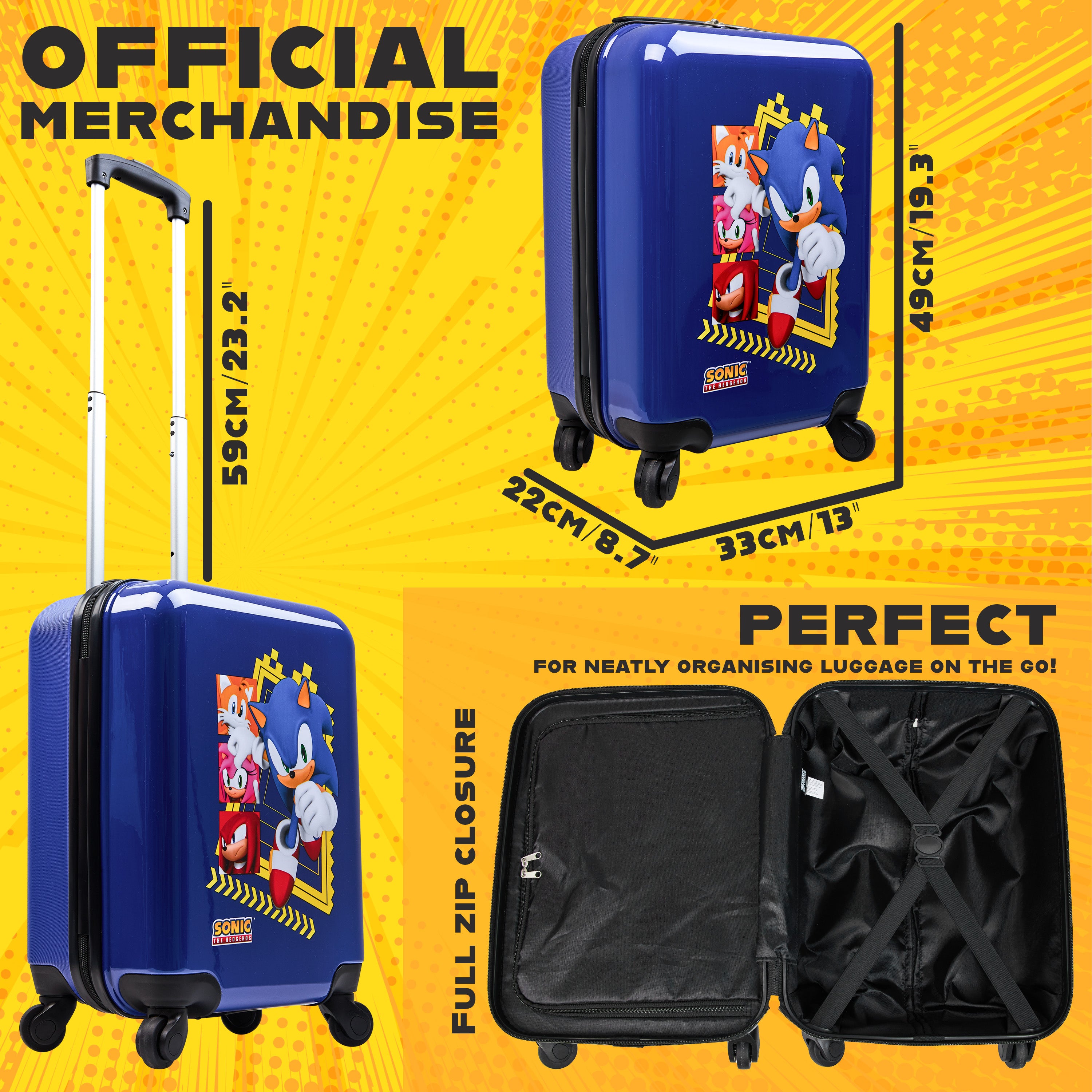 SONIC THE HEDGEHOG Suitcase for Kids, Travel Luggage 49 x 33 x 22cm, 30L Capacity, 4 Wheels - Gamer Travel Essentials - Get Trend