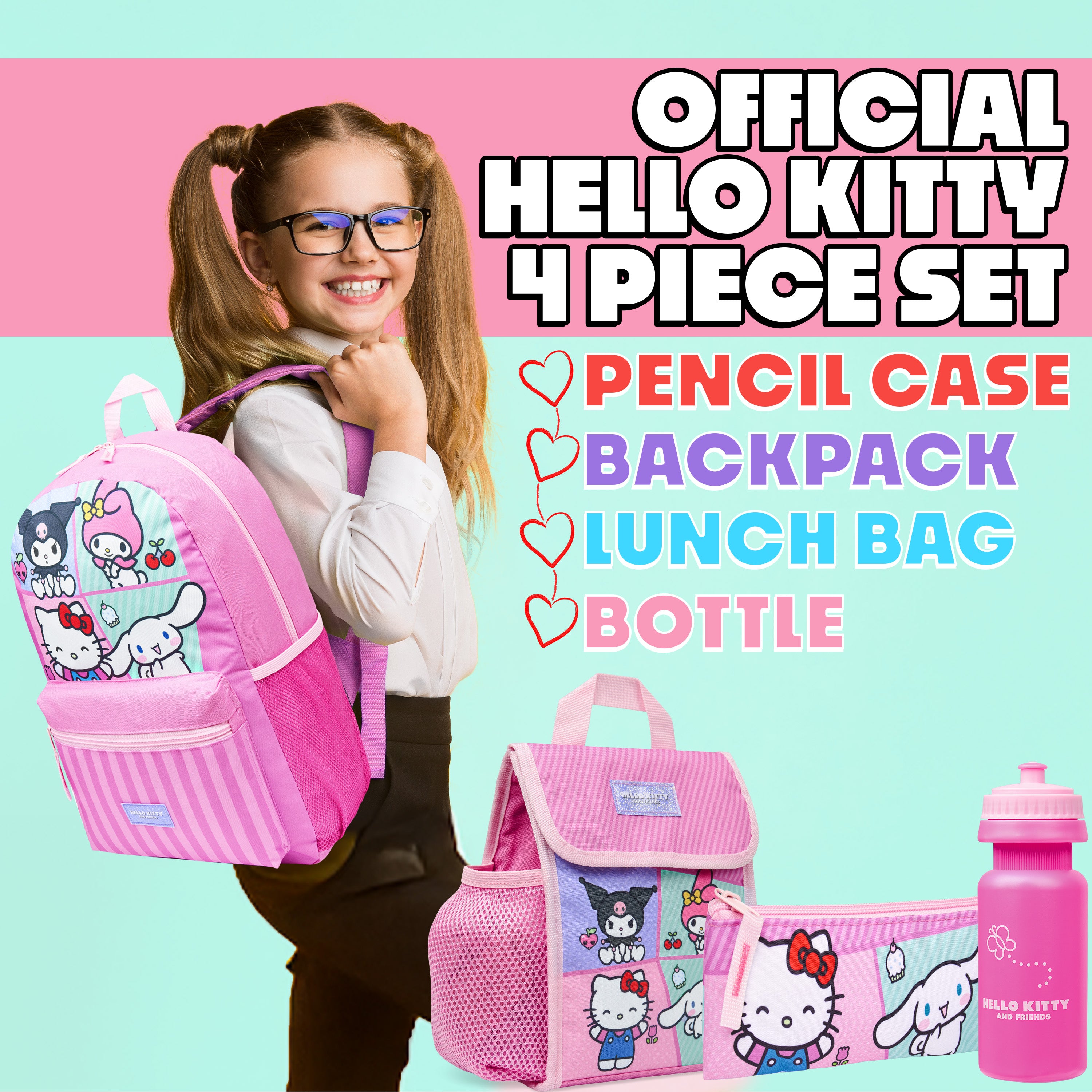 Hello Kitty Sanrio Backpack Set 4 Pcs Girls Water Bottle Pencil Case Insulated Lunch Bag - Get Trend
