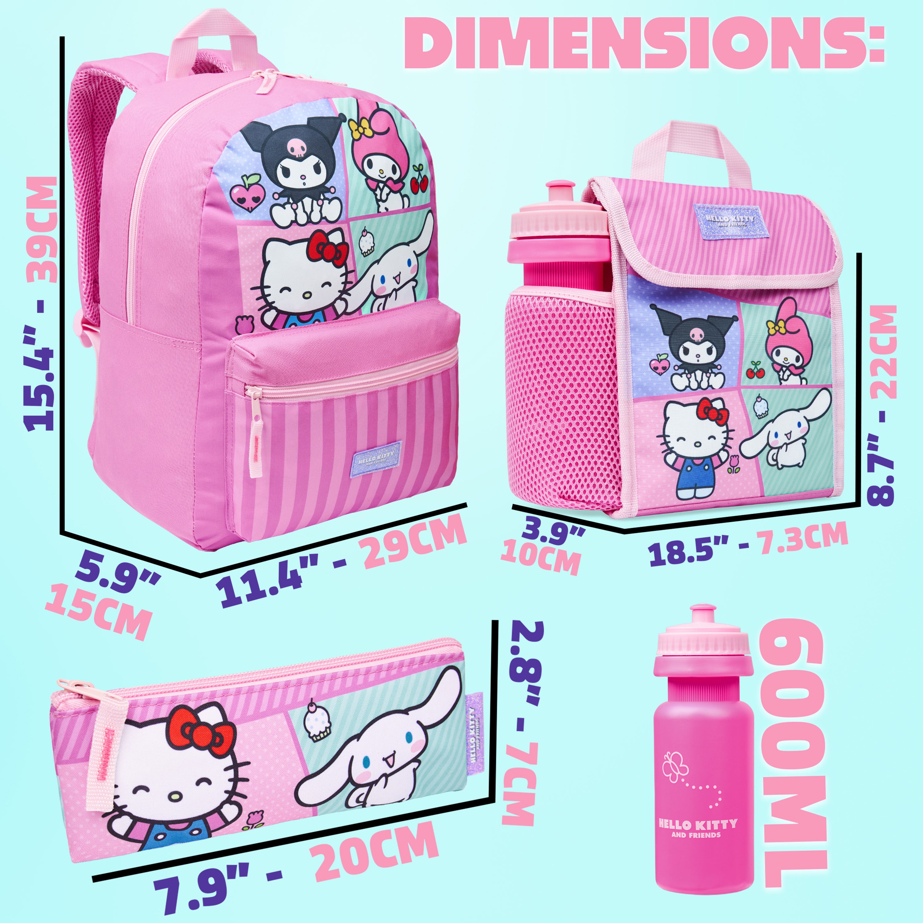 Hello Kitty Sanrio Backpack Set 4 Pcs Girls Water Bottle Pencil Case Insulated Lunch Bag - Get Trend
