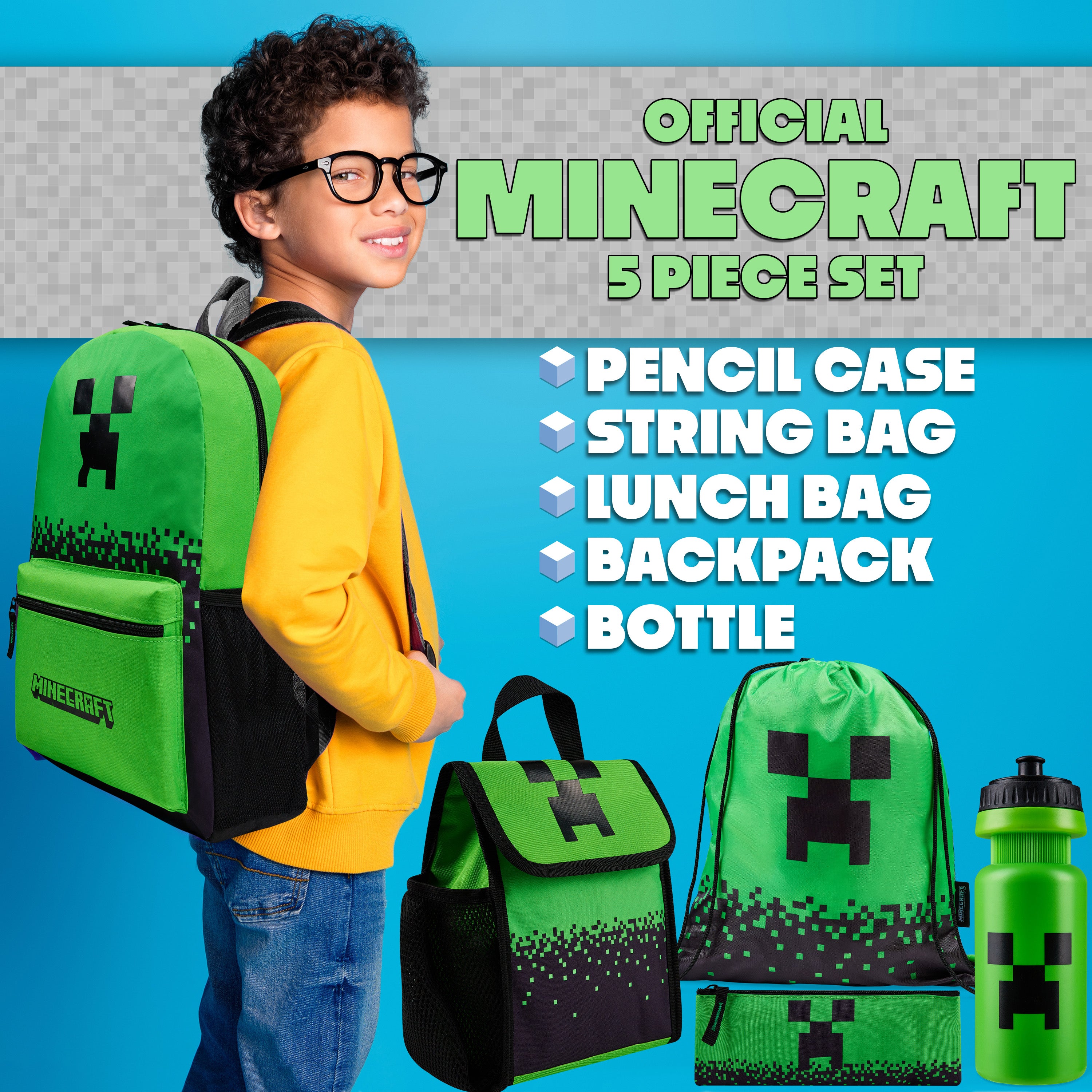 Minecraft Backpack Set 5 Pcs Water Bottle Insulated Lunch Bag Pencil Case Drawstring Bag - Get Trend