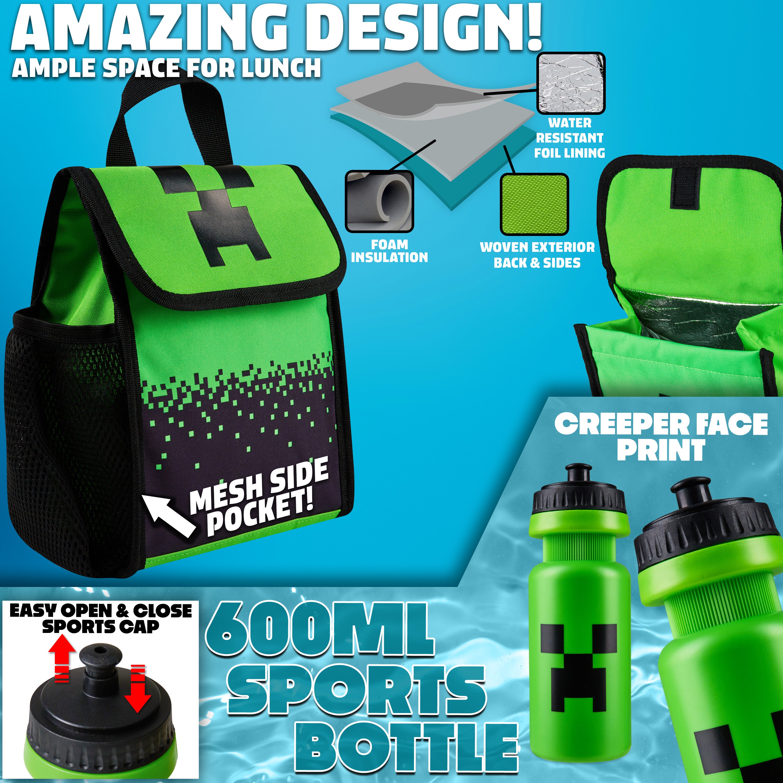 Minecraft Backpack Set 5 Pcs Water Bottle Insulated Lunch Bag Pencil Case Drawstring Bag - Get Trend