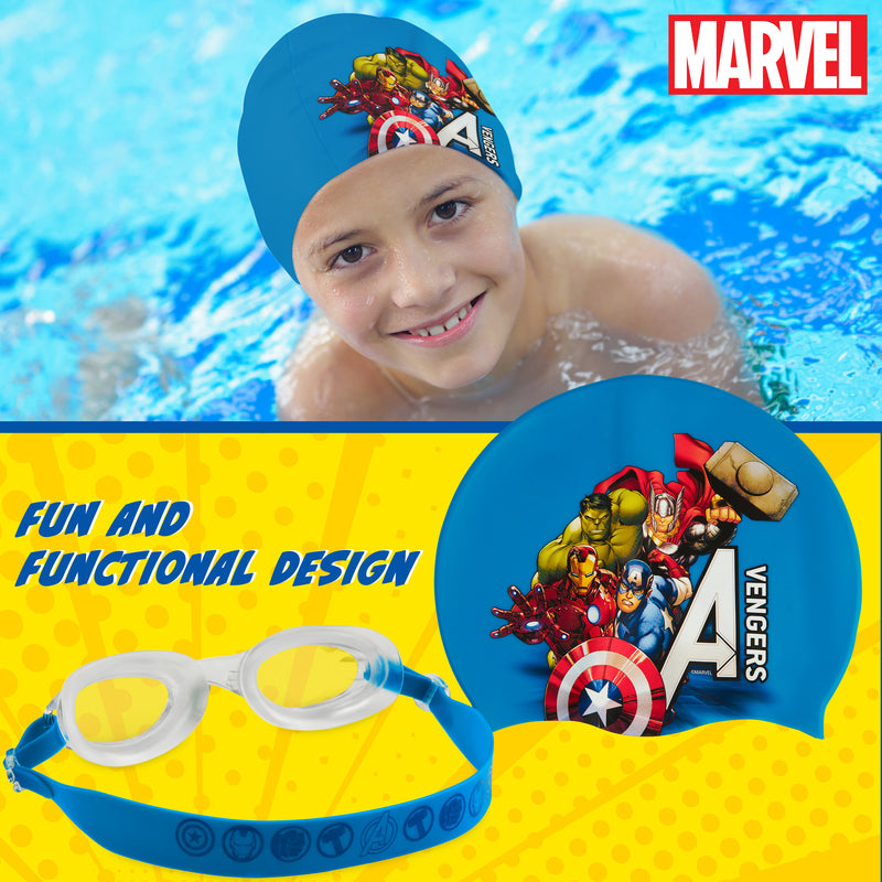Marvel Children's Swimming Goggles and Swimming Cap Set Anti-Fog UV Protection - Blue Avengers - Get Trend