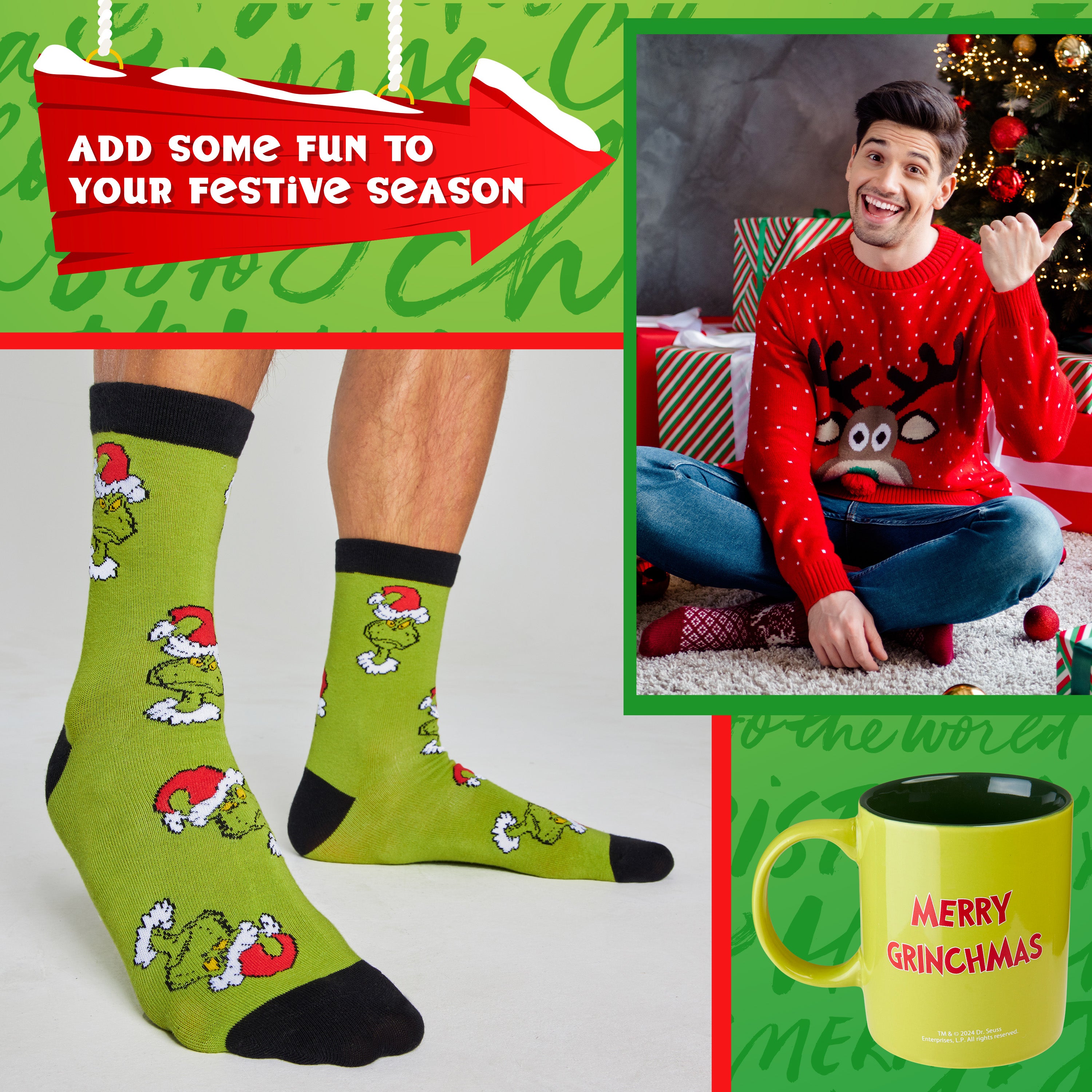 The Grinch Mug and Socks Gift Set Calf Socks and 325ml Mug - Gifts for Him - Get Trend