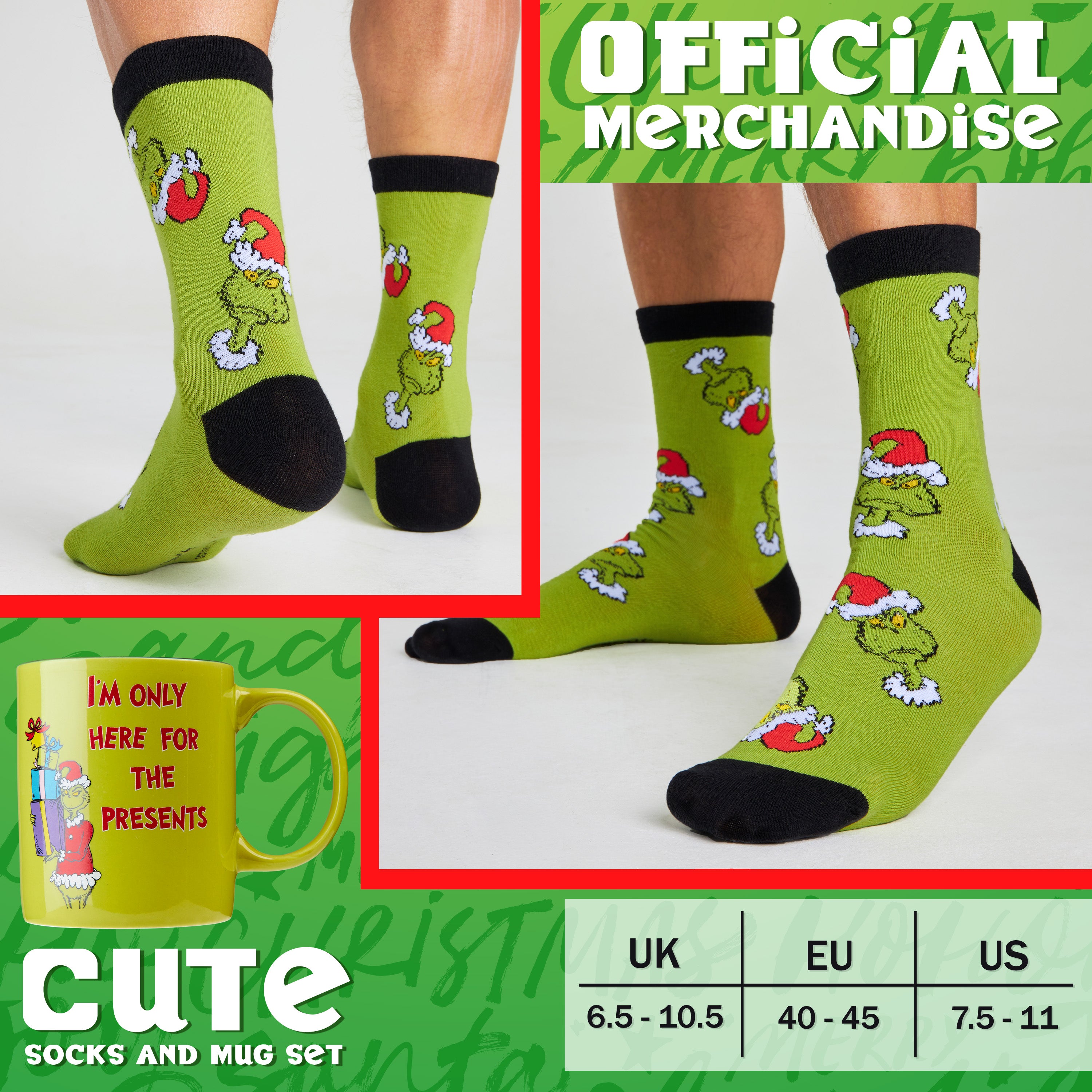 The Grinch Mug and Socks Gift Set Calf Socks and 325ml Mug - Gifts for Him - Get Trend