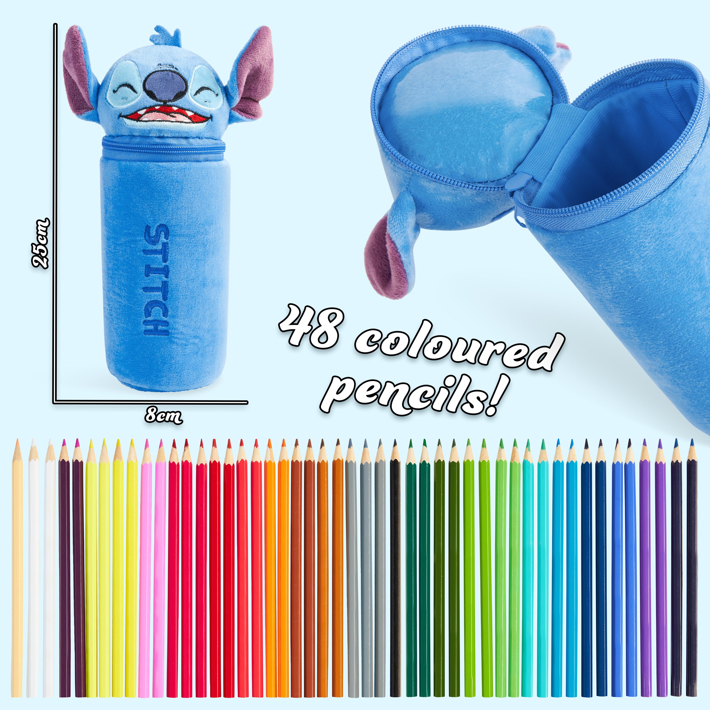 Disney Stitch Pencil Case with 48 Colouring Pencils Included - Blue - Get Trend