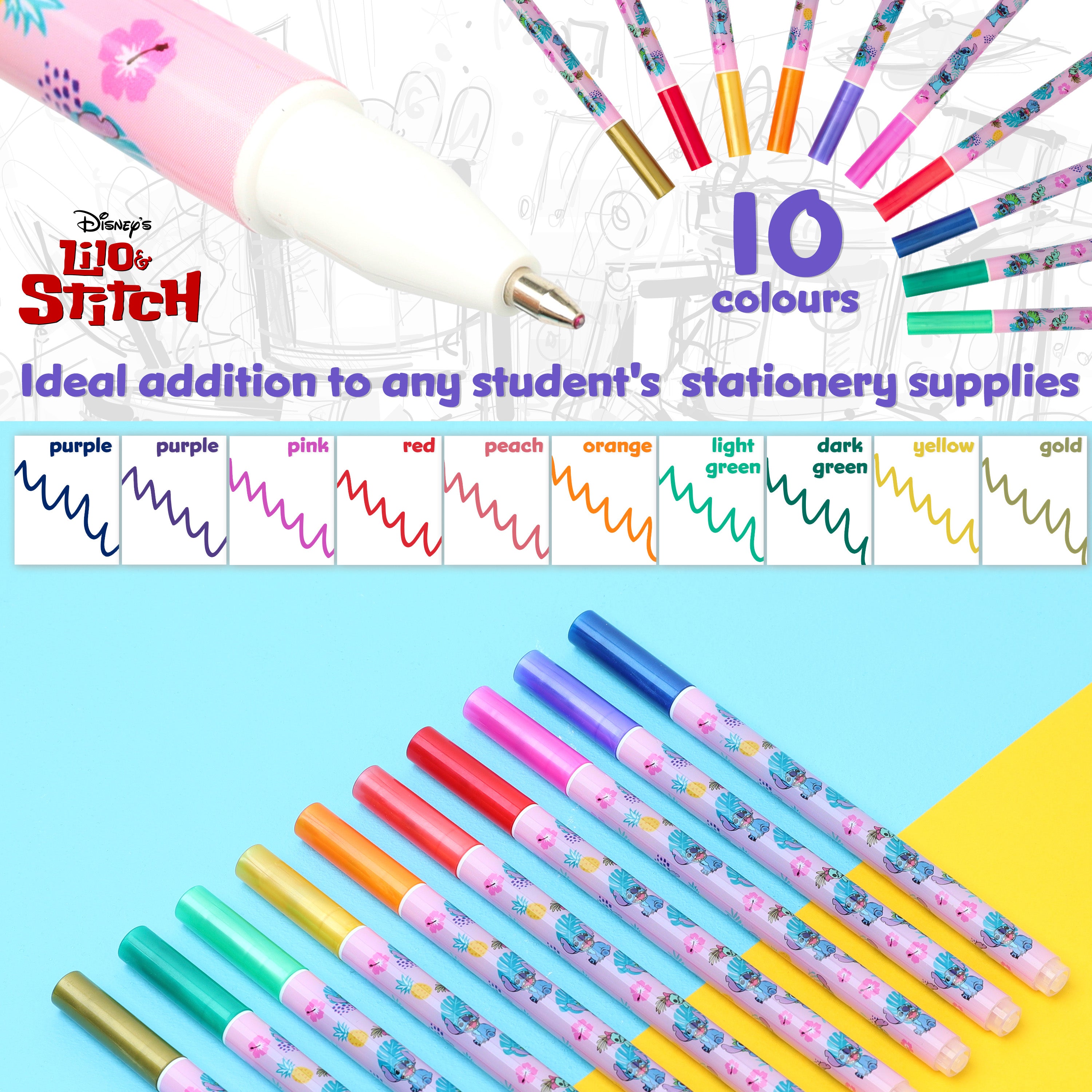 Disney Stitch  Glitter Gel Pens for Kids, Coloured Pens Pack of 10s - Kids Gifts - Get Trend