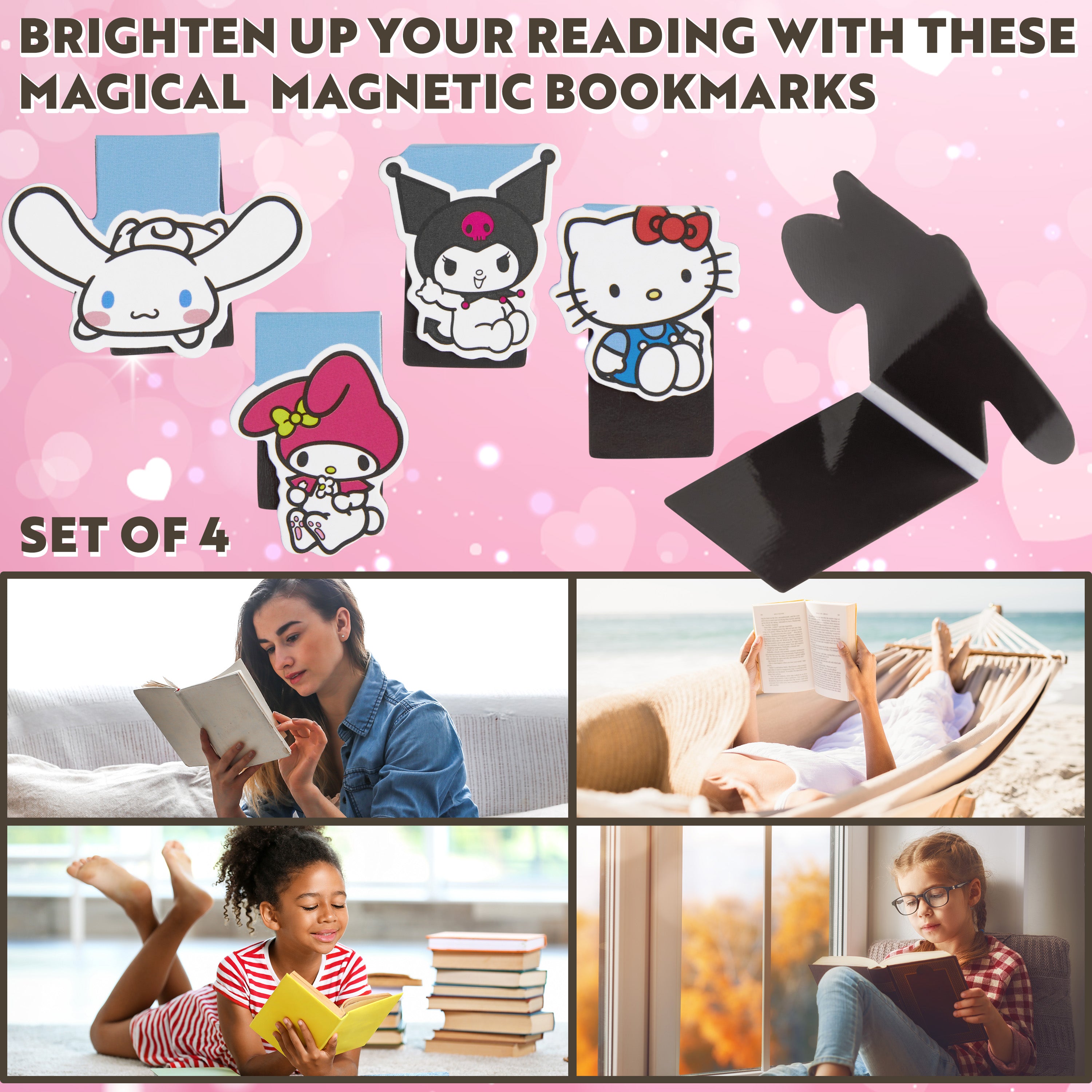 Hello Kitty Magnetic Bookmark Page Clip Pack of 4 School Reading Gifts for Her - Get Trend