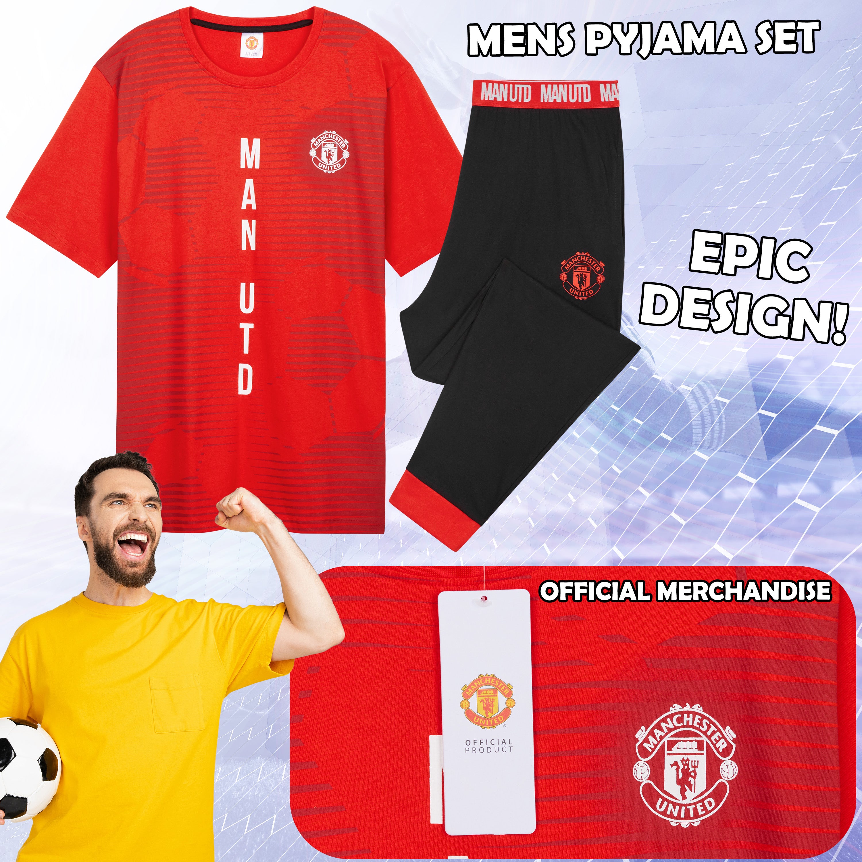 Manchester United F.C. Mens Pyjamas Set, Cotton Loungewear - Man United Gifts - Get Trend