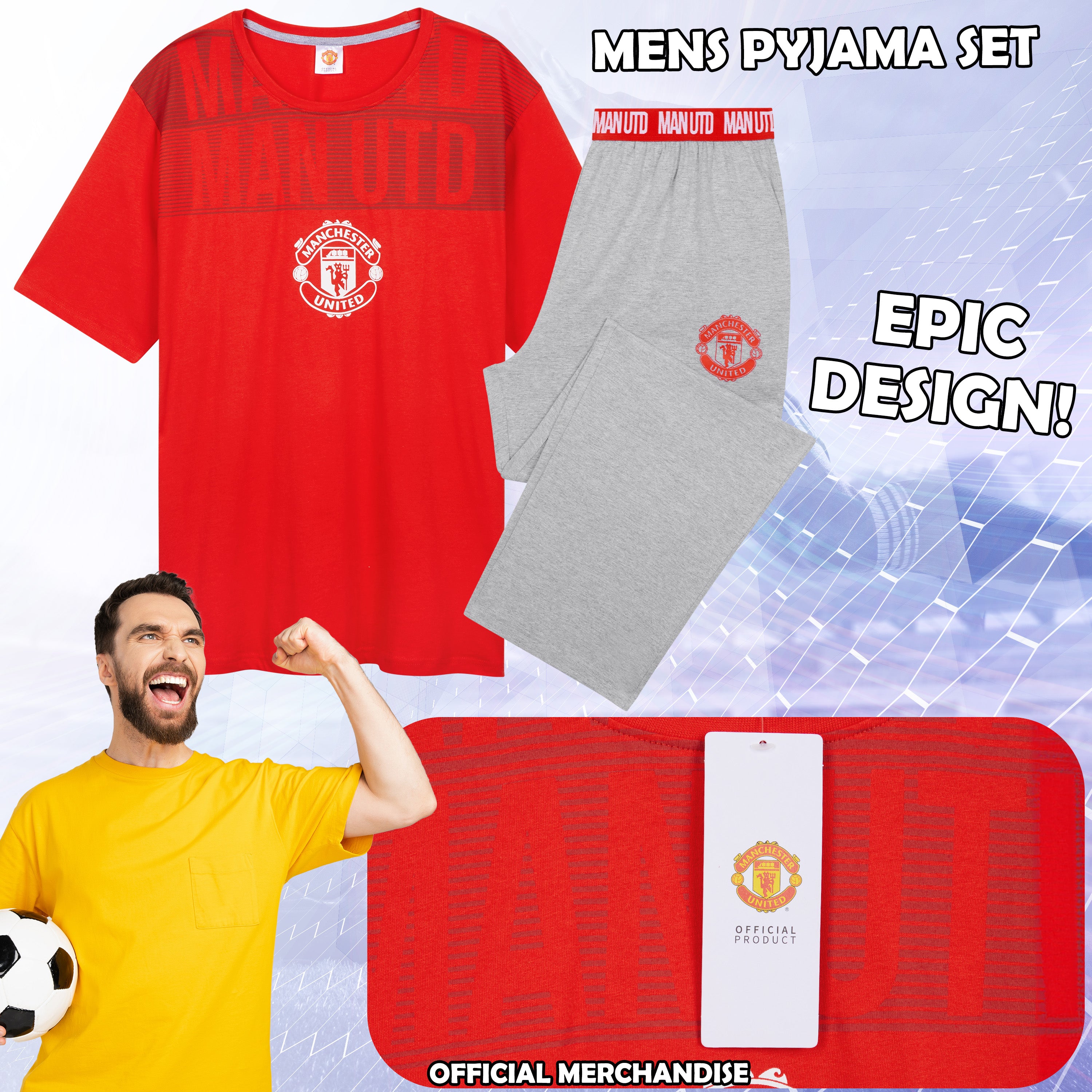 Manchester United F.C. Mens Pyjamas Set, Cotton Loungewear - Man United Gifts - Get Trend