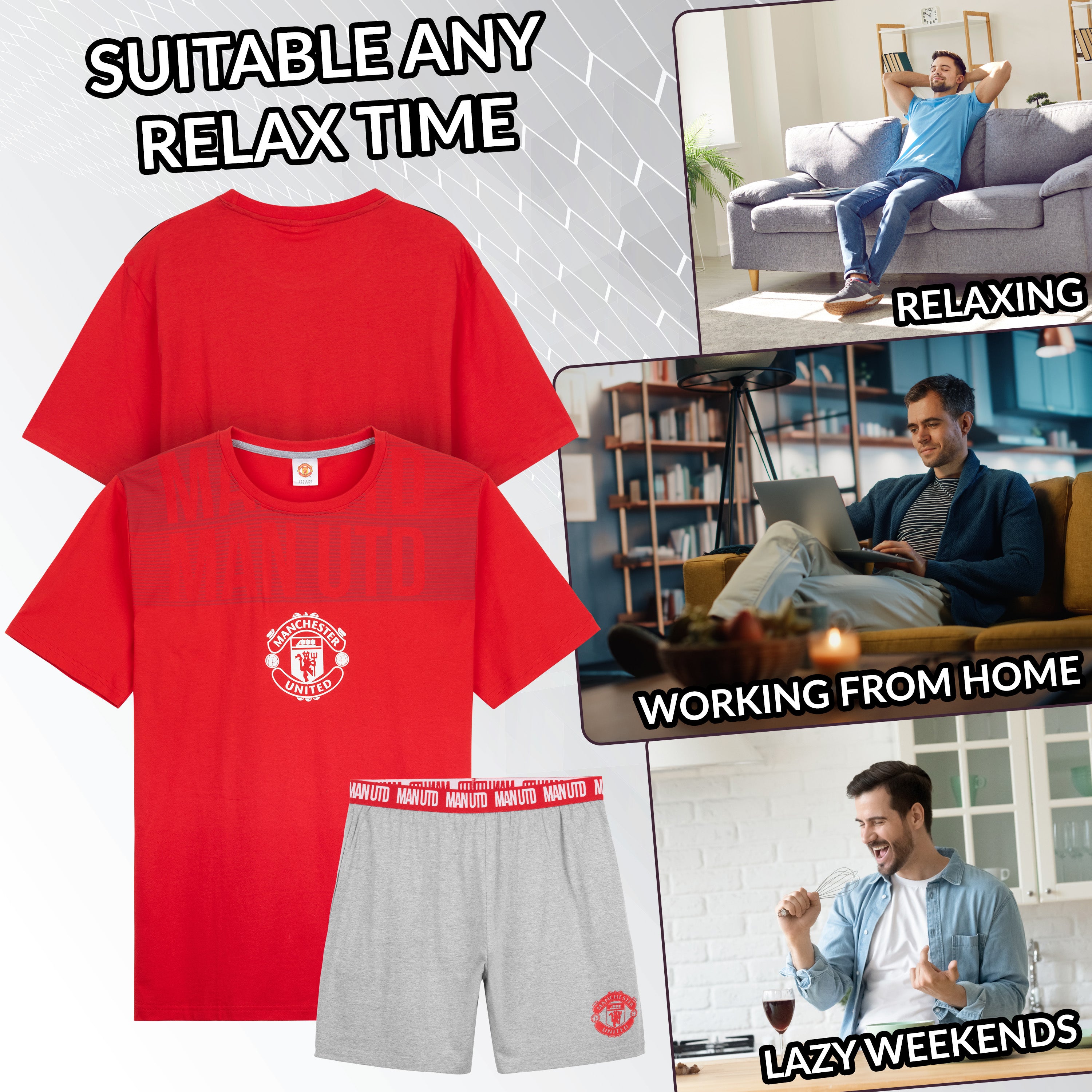 Manchester United F.C. Mens Short Pyjamas Set, Breathable 2 Piece Lounge Wear - Man United Gifts for Men - Get Trend