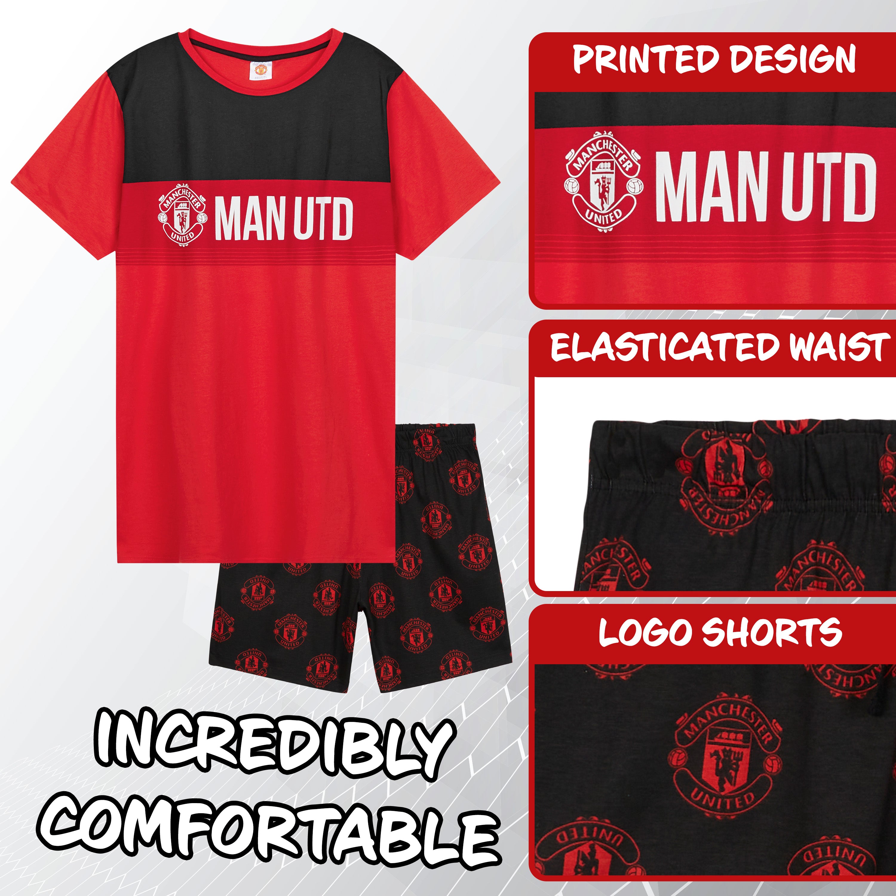 Manchester United F.C. Mens Short Pyjamas Set, Breathable 2 Piece Lounge Wear - Man United Gifts for Men - Get Trend