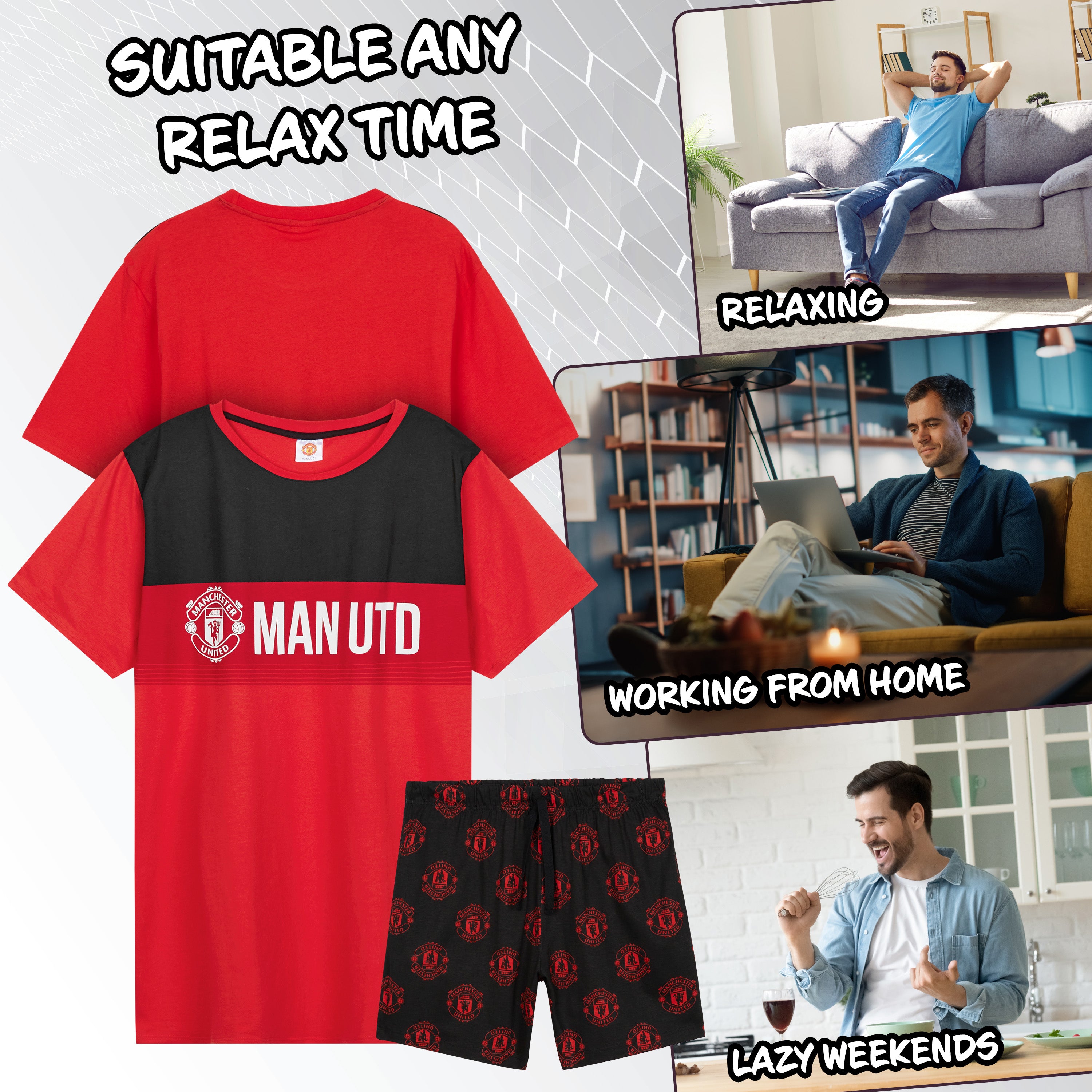 Manchester United F.C. Mens Short Pyjamas Set, Breathable 2 Piece Lounge Wear - Man United Gifts for Men - Get Trend