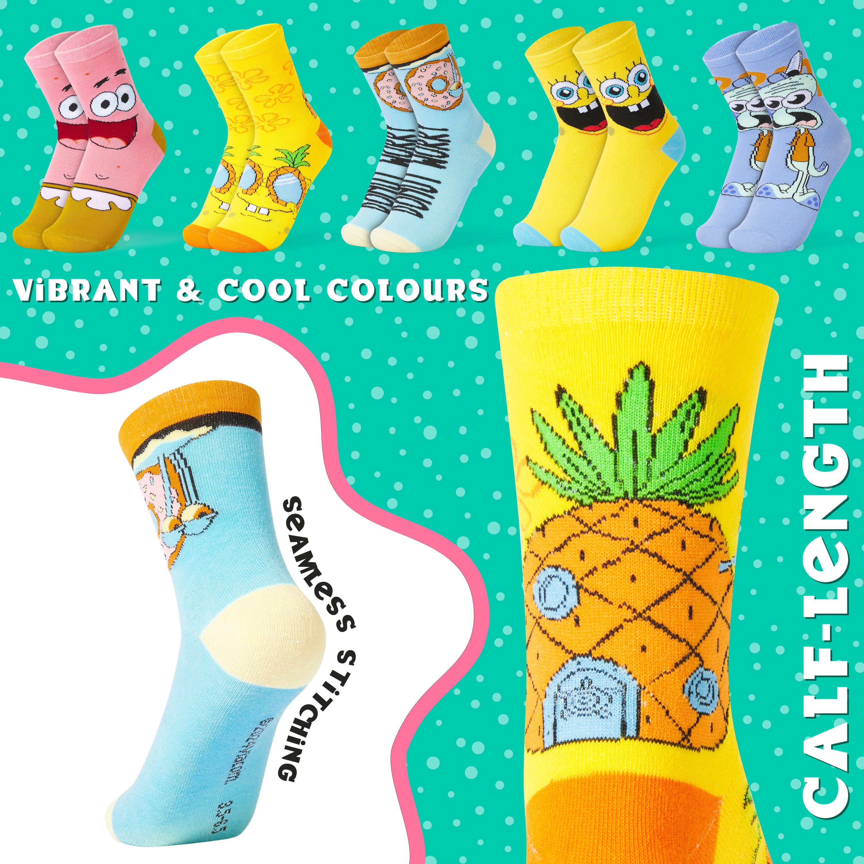 SPONGEBOB SQUAREPANTS Boys Calf Socks, Soft Breathable Kids Socks Pack of 5 - Boys Gifts - Get Trend