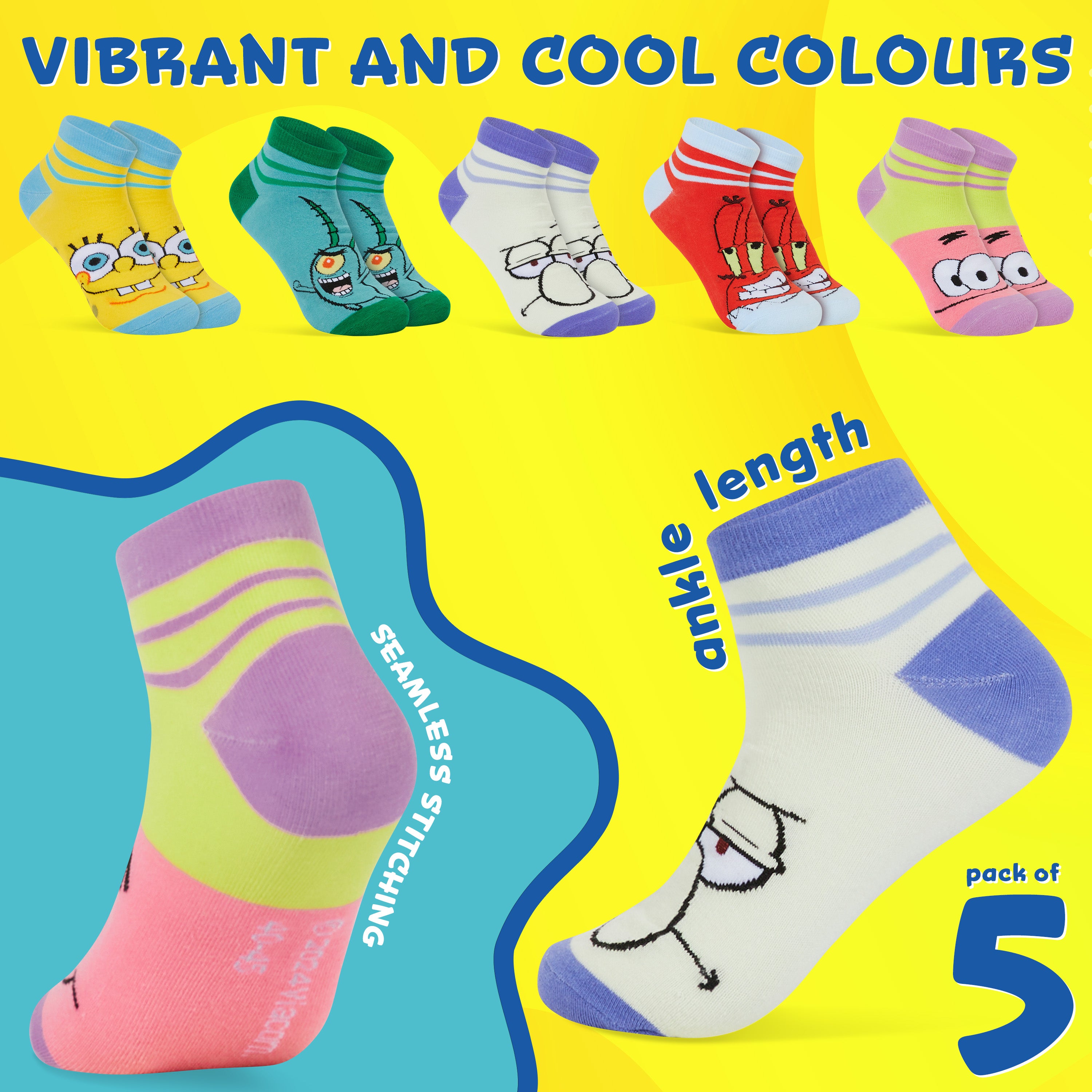 SPONGEBOB SQUAREPANTS Mens Ankle Socks, Soft and Breathable Socks Pack of 5 - Get Trend