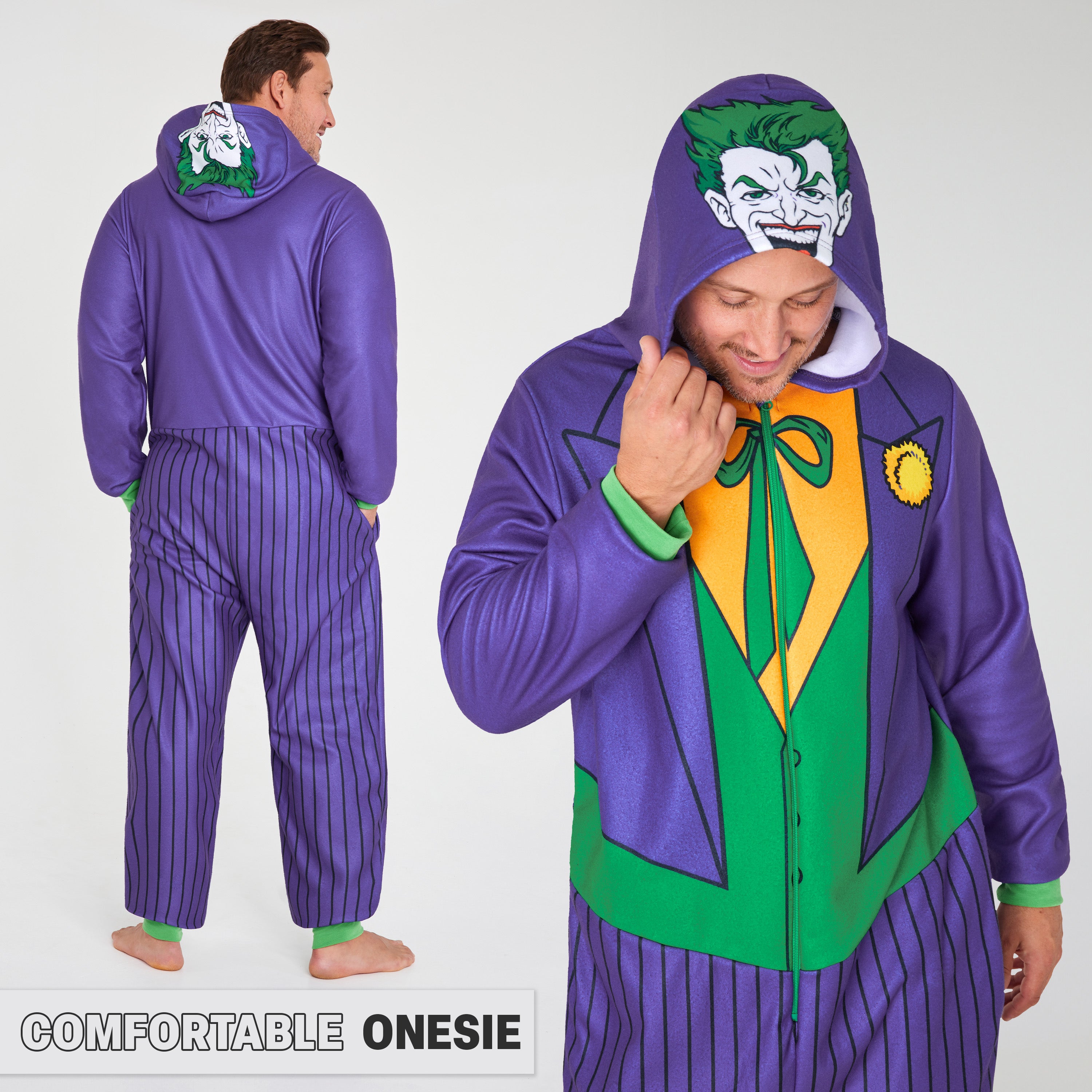 DC Comics Joker Mens Fleece Onesie with Hood, Fleece Loungewear - Funny Gifts for Him - Get Trend